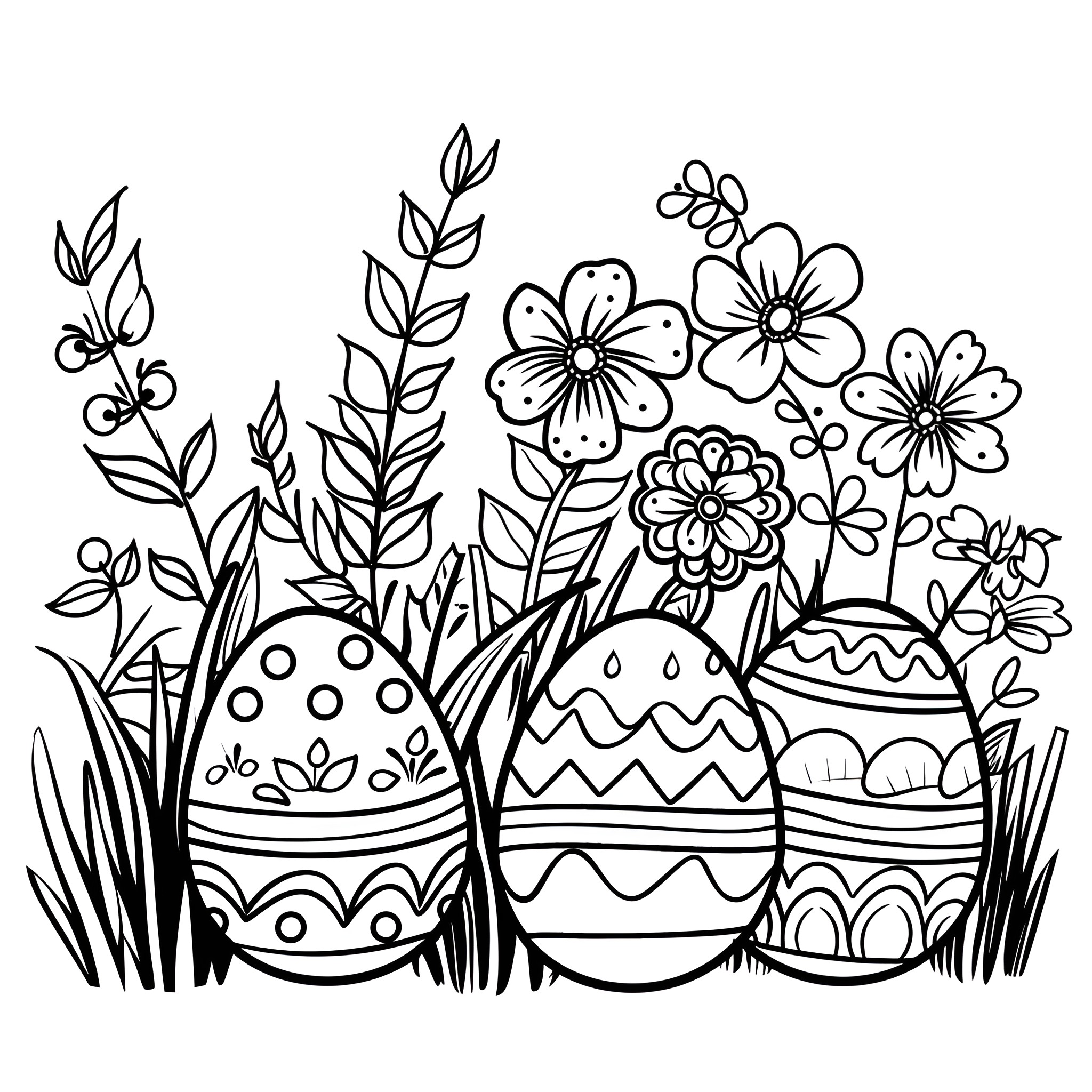 Easter Eggs with Blooming Flowers Drawing Idea (free black-and-white line drawing printable PDF for all, from beginners to advanced learners, including children, teens, adults, and seniors)