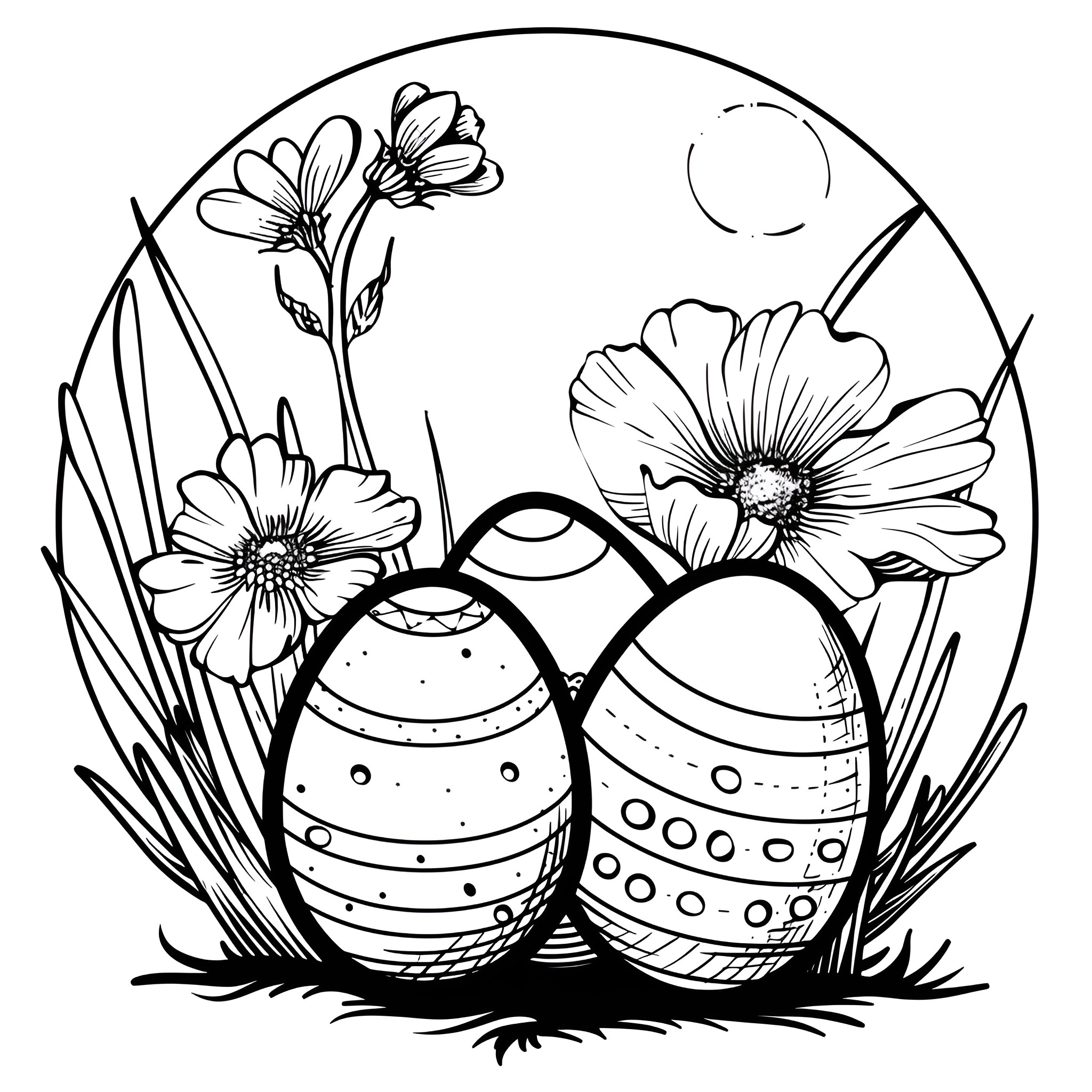 Easter Eggs adorning a floral scene Drawing Idea (free black-and-white line drawing printable PDF for all, from beginners to advanced learners, including children, teens, adults, and seniors)