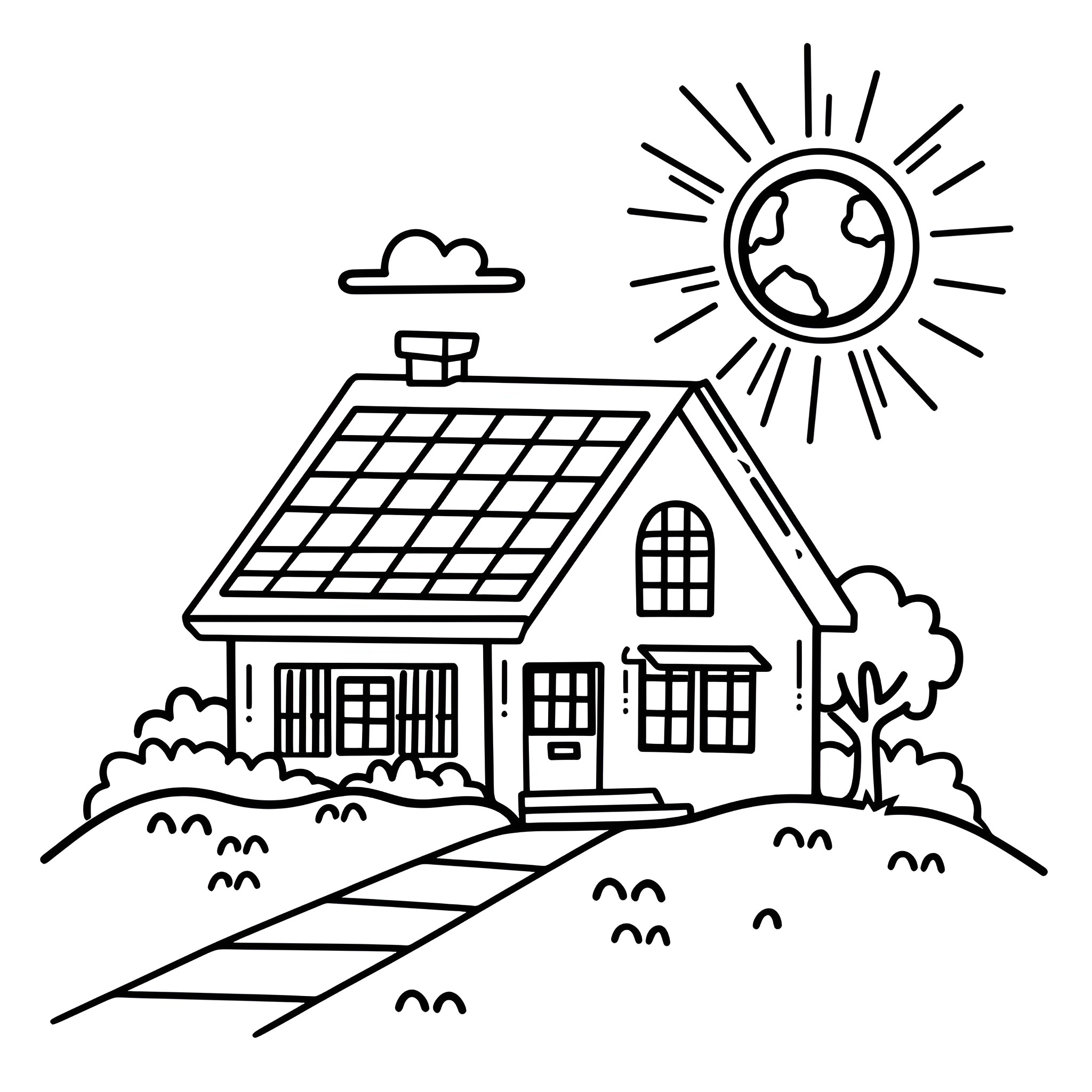 Earth Day house with solar panel energy Drawing Idea (free black-and-white line drawing printable PDF for all, from beginners to advanced learners, including children, teens, adults, and seniors)