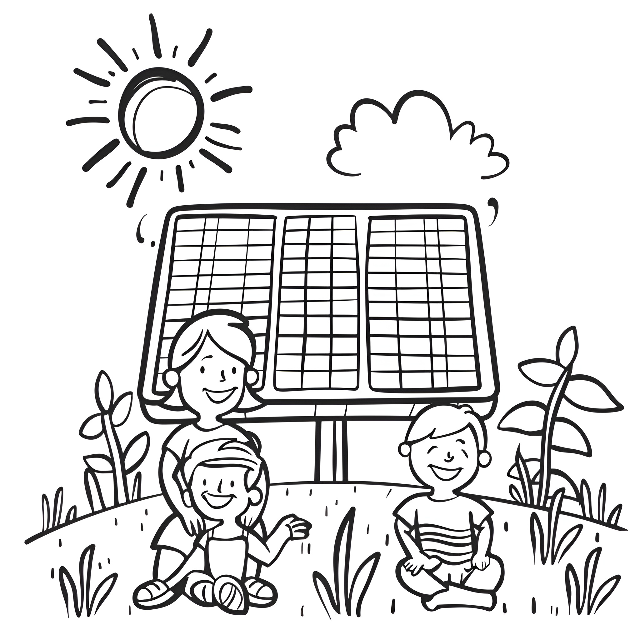 Earth Day family enjoying solar energy Drawing Idea (free black-and-white line drawing printable PDF for all, from beginners to advanced learners, including children, teens, adults, and seniors)