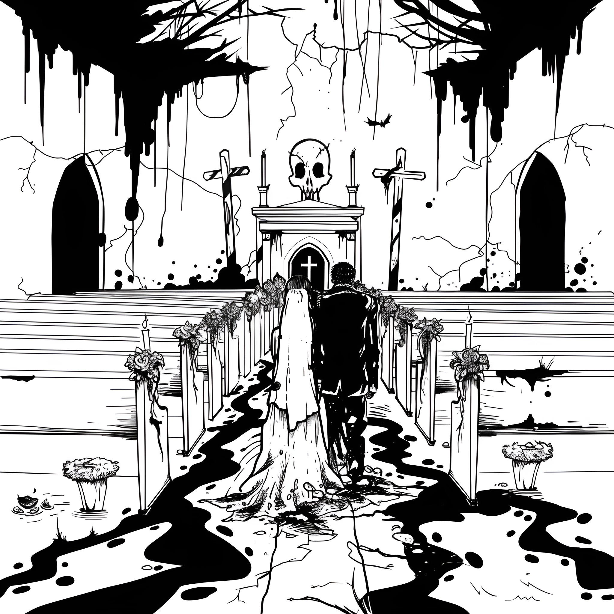 Horror Gore Macabre Dark Wedding Ceremony Drawing Idea (free black-and-white line drawing printable PDF for all, from beginners to advanced learners, including children, teens, adults, and seniors)