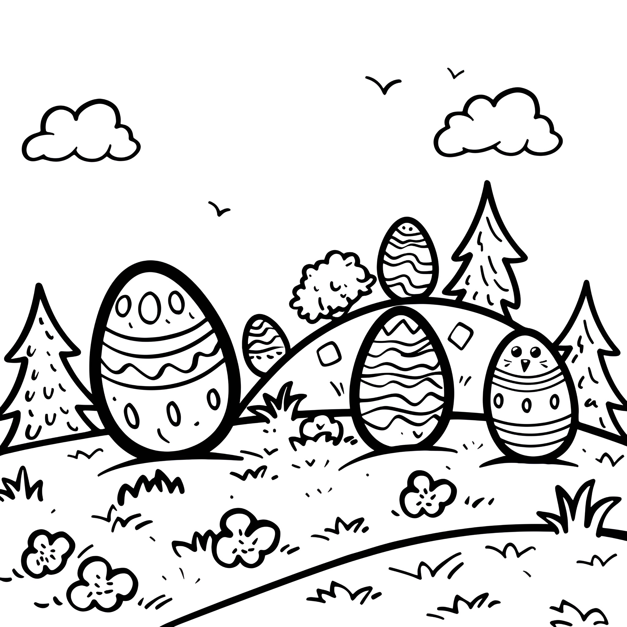 Easter Eggs in Whimsical Landscape Drawing Idea (free black-and-white line drawing printable PDF for all, from beginners to advanced learners, including children, teens, adults, and seniors)