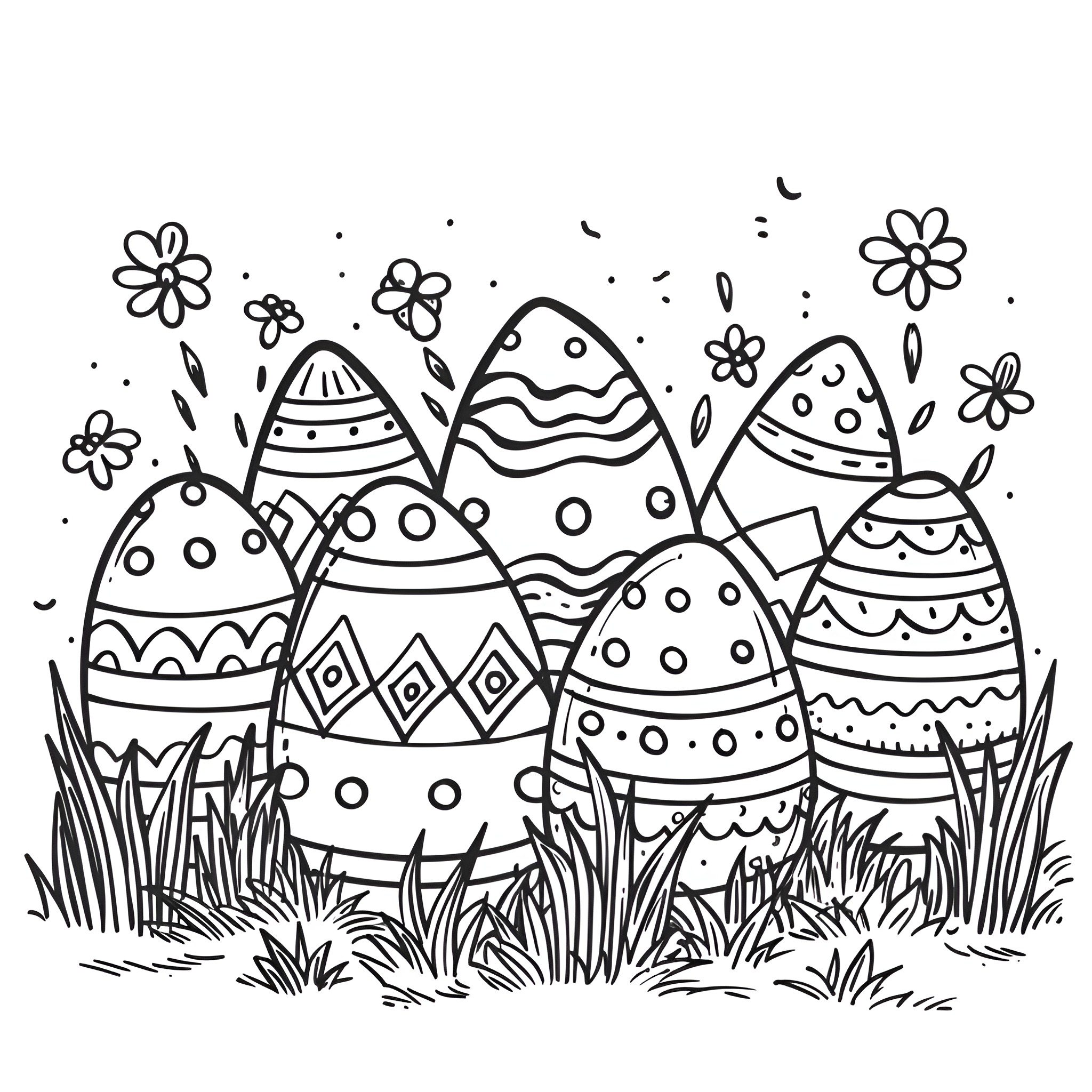 Easter Eggs in a Whimsical Meadow Drawing Idea (free black-and-white line drawing printable PDF for all, from beginners to advanced learners, including children, teens, adults, and seniors)