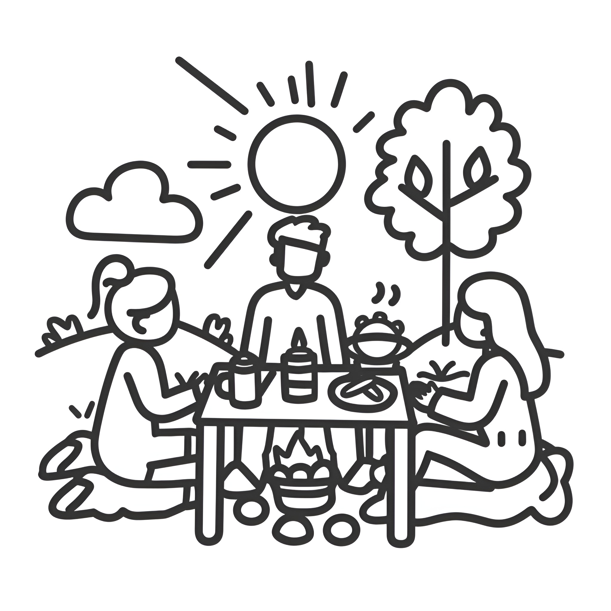 Earth Day picnic with family and friends Drawing Idea (free black-and-white line drawing printable PDF for all, from beginners to advanced learners, including children, teens, adults, and seniors)
