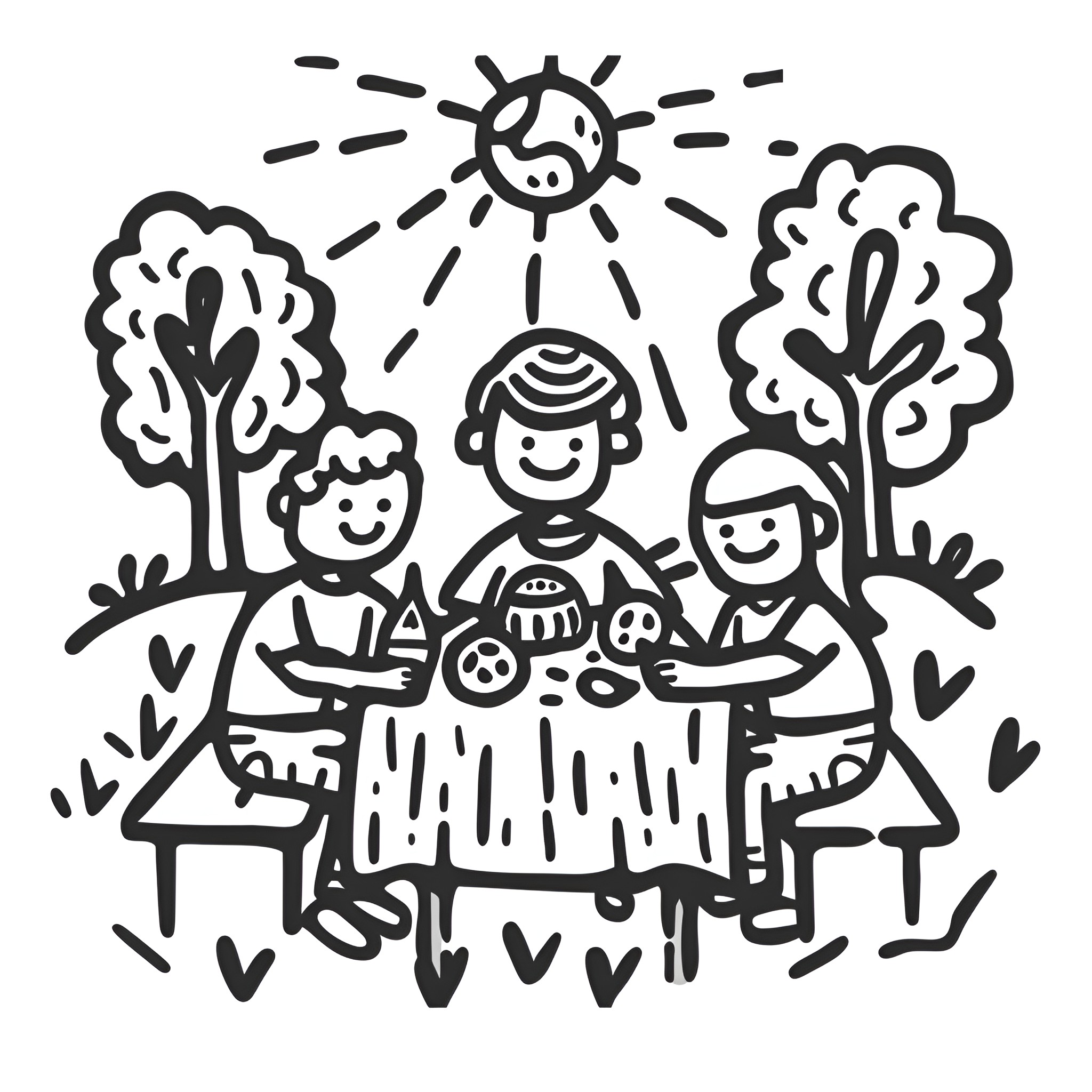 Earth Day Family Picnic Drawing Idea (free black-and-white line drawing printable PDF for all, from beginners to advanced learners, including children, teens, adults, and seniors)