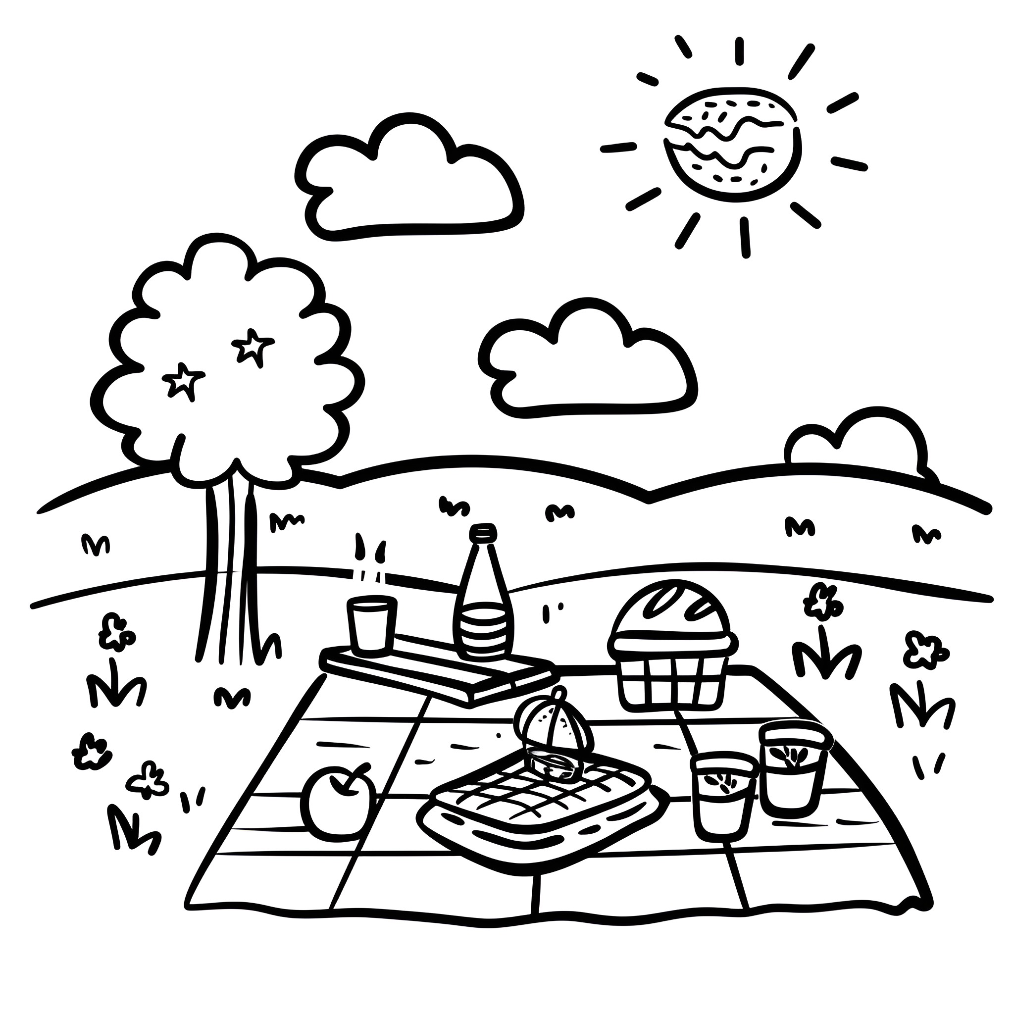 Earth Day picnic in nature Drawing Idea (free black-and-white line drawing printable PDF for all, from beginners to advanced learners, including children, teens, adults, and seniors)
