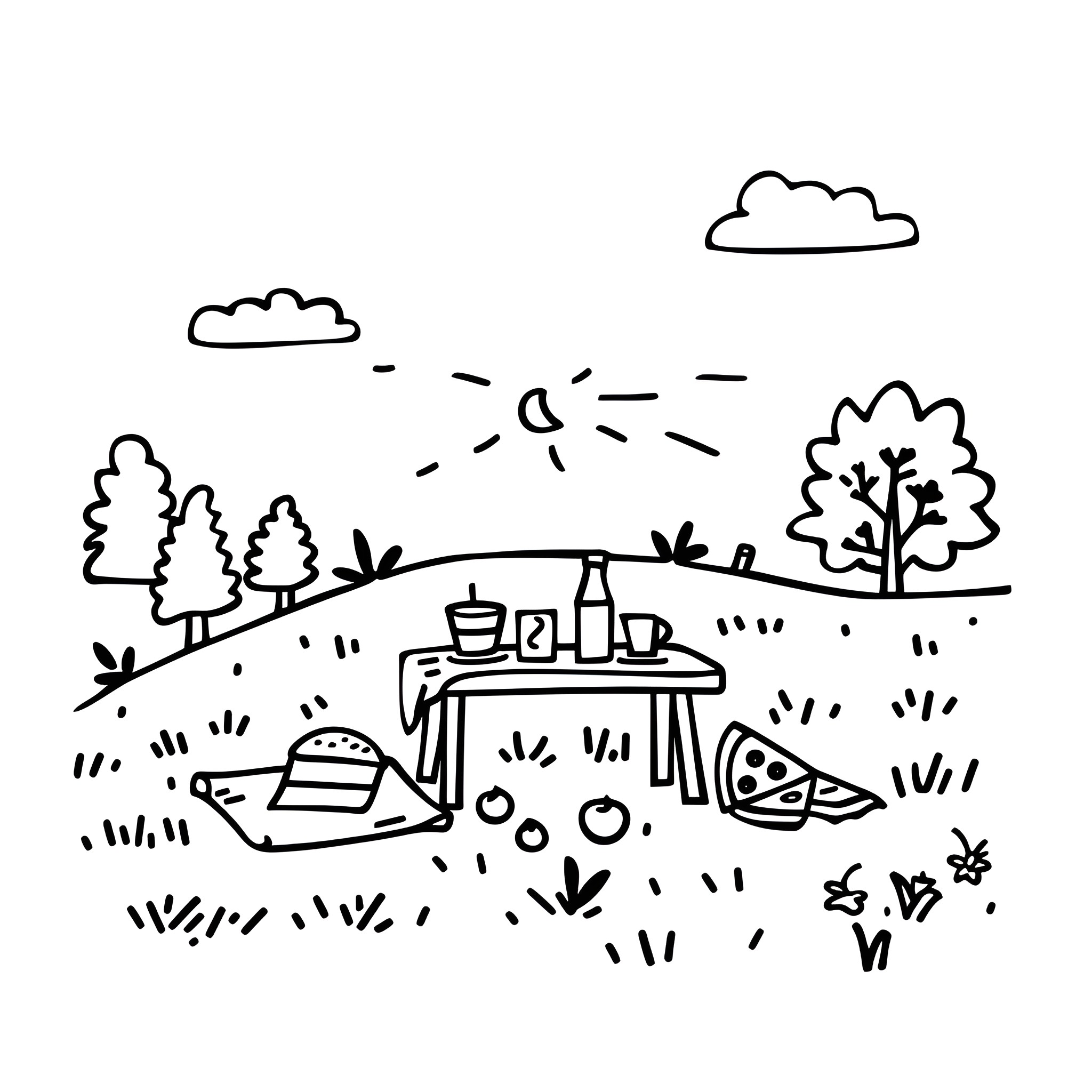 Earth Day picnic in nature Drawing Idea (free black-and-white line drawing printable PDF for all, from beginners to advanced learners, including children, teens, adults, and seniors)