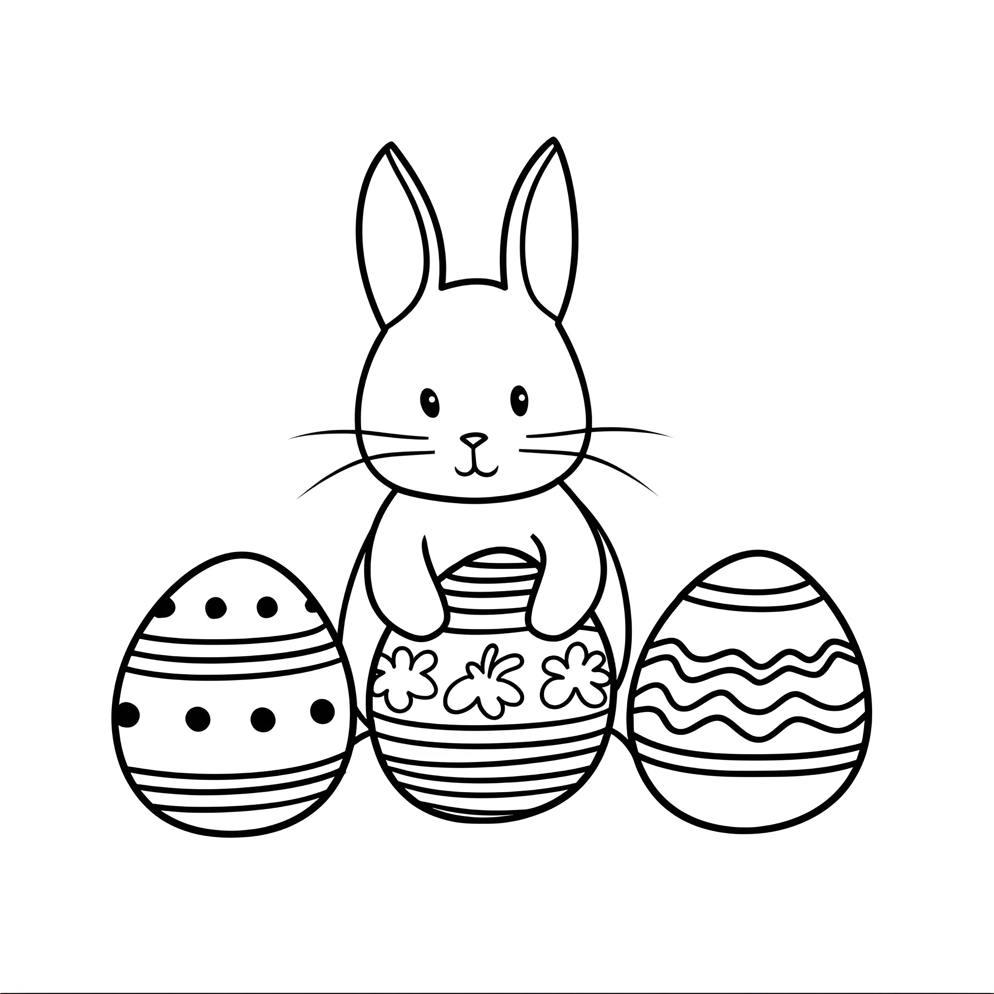 Easter Eggs with Cute Bunny and Decorated Eggs Drawing Idea (free black-and-white line drawing printable PDF for all, from beginners to advanced learners, including children, teens, adults, and seniors)