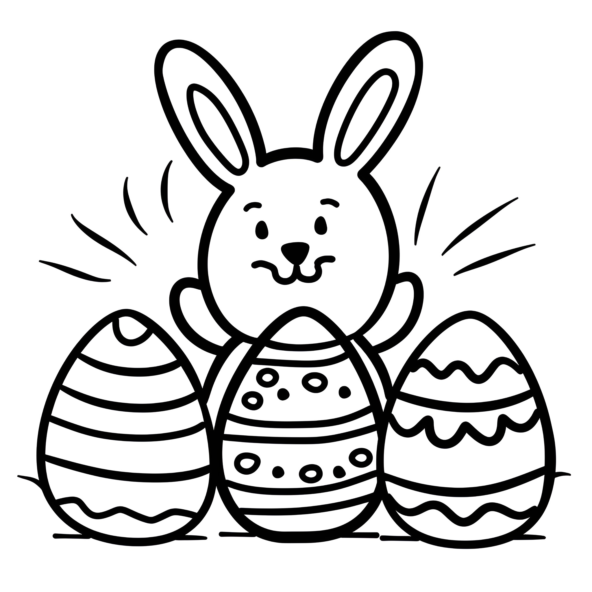 Easter Eggs with Smiling Bunny Drawing Idea (free black-and-white line drawing printable PDF for all, from beginners to advanced learners, including children, teens, adults, and seniors)