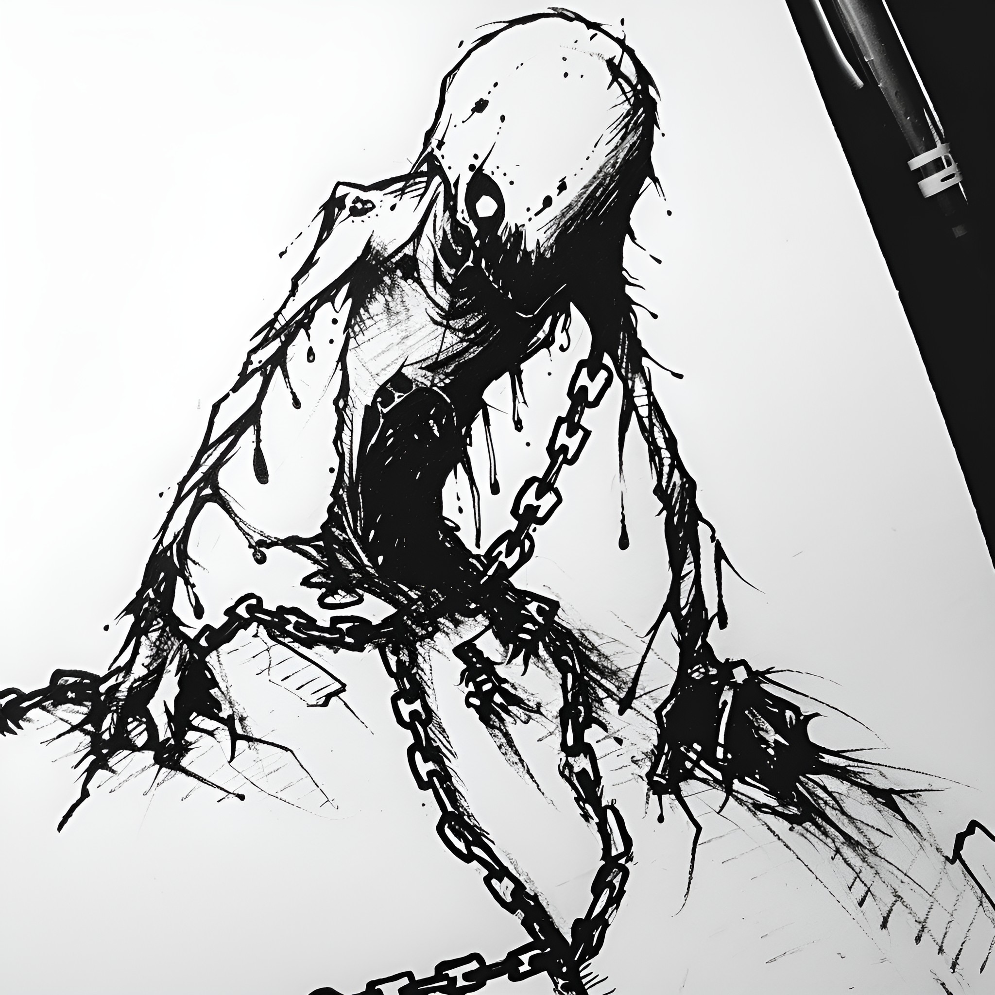 Horror Gore Deformed Creature Chained and Tortured Drawing Idea (free black-and-white line drawing printable PDF for all, from beginners to advanced learners, including children, teens, adults, and seniors)