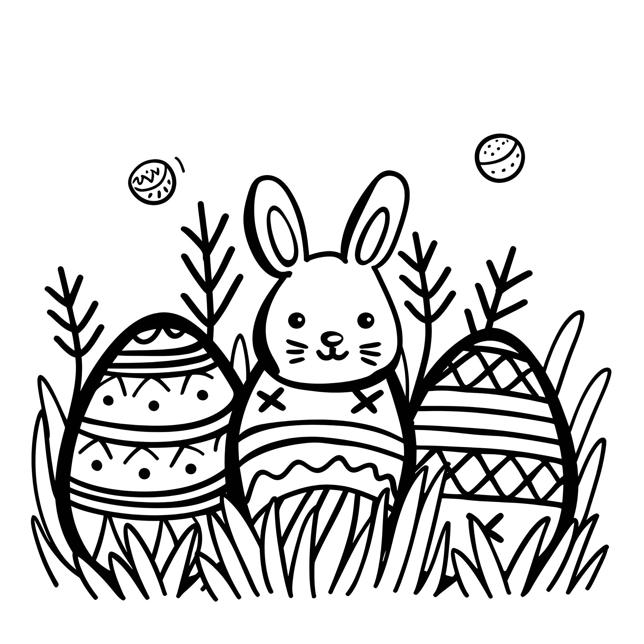 Easter Eggs with Cute Bunny and Decorated Eggs Drawing Idea (free black-and-white line drawing printable PDF for all, from beginners to advanced learners, including children, teens, adults, and seniors)