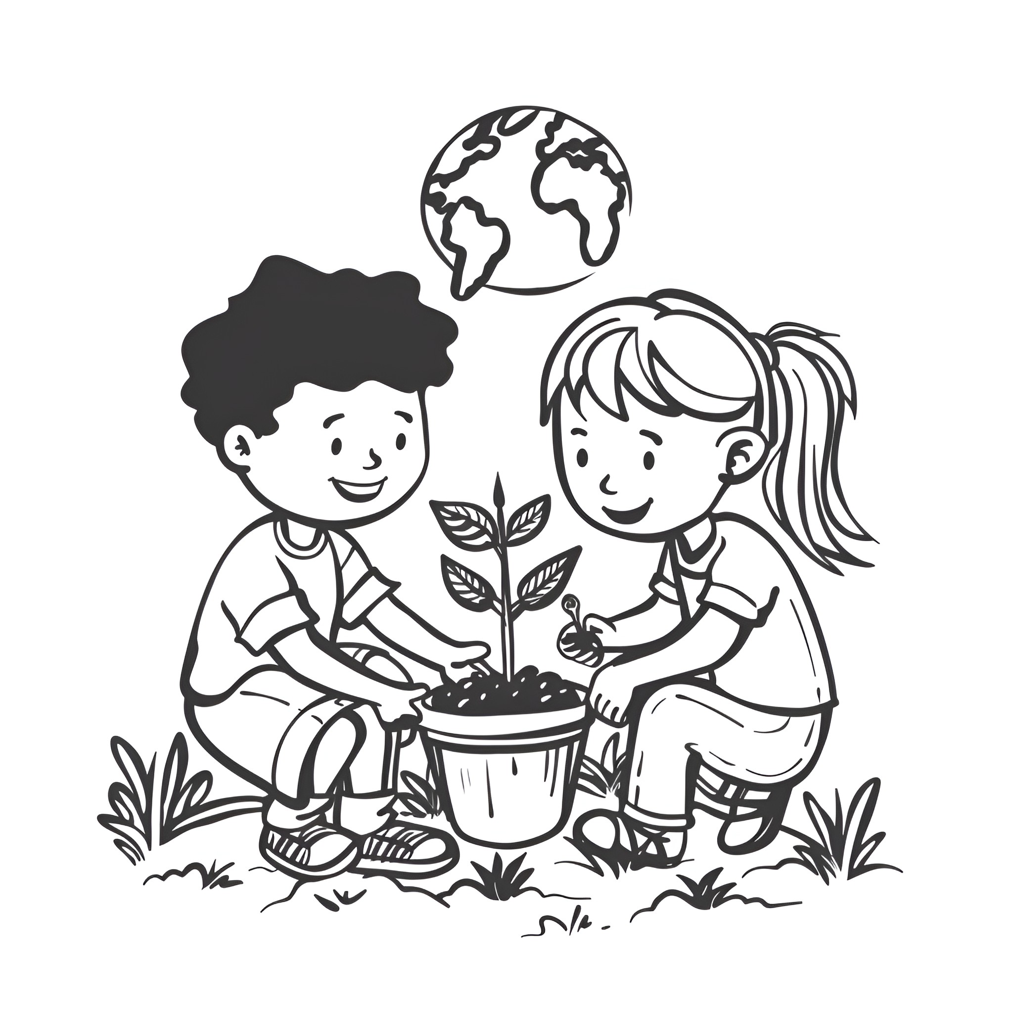 Earth Day children planting sapling Drawing Idea (free black-and-white line drawing printable PDF for all, from beginners to advanced learners, including children, teens, adults, and seniors)