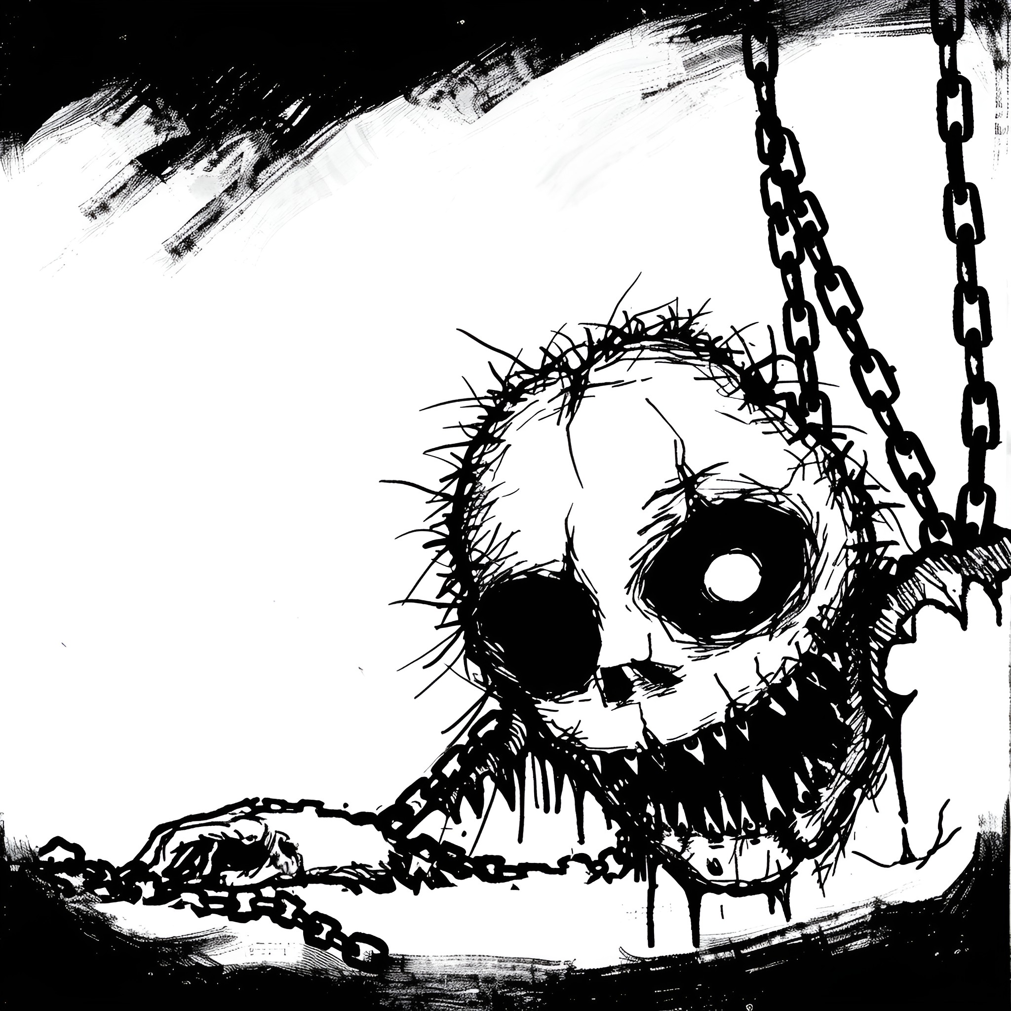 Horror Gore Demonic Skull with Chains Drawing Idea (free black-and-white line drawing printable PDF for all, from beginners to advanced learners, including children, teens, adults, and seniors)