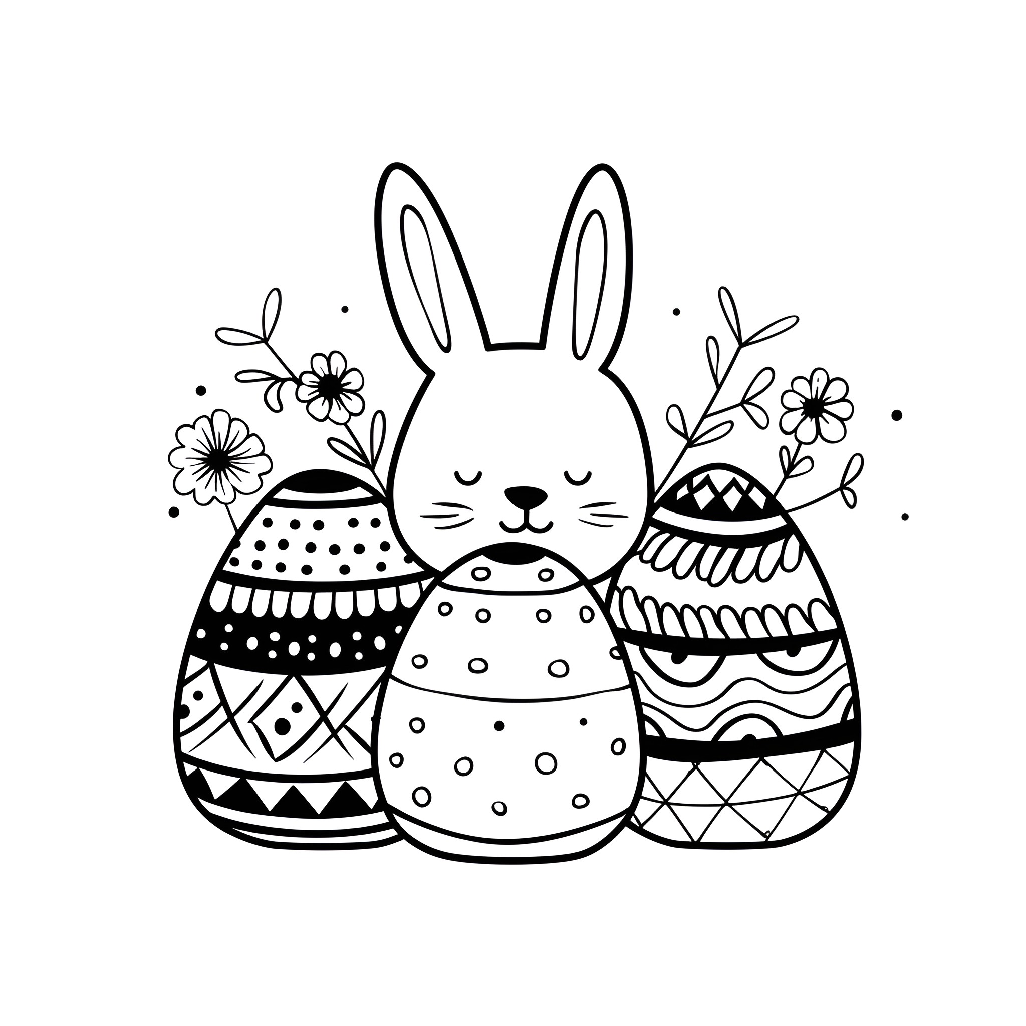 Easter Eggs with Delightful Bunnies and Flowers Drawing Idea (free black-and-white line drawing printable PDF for all, from beginners to advanced learners, including children, teens, adults, and seniors)