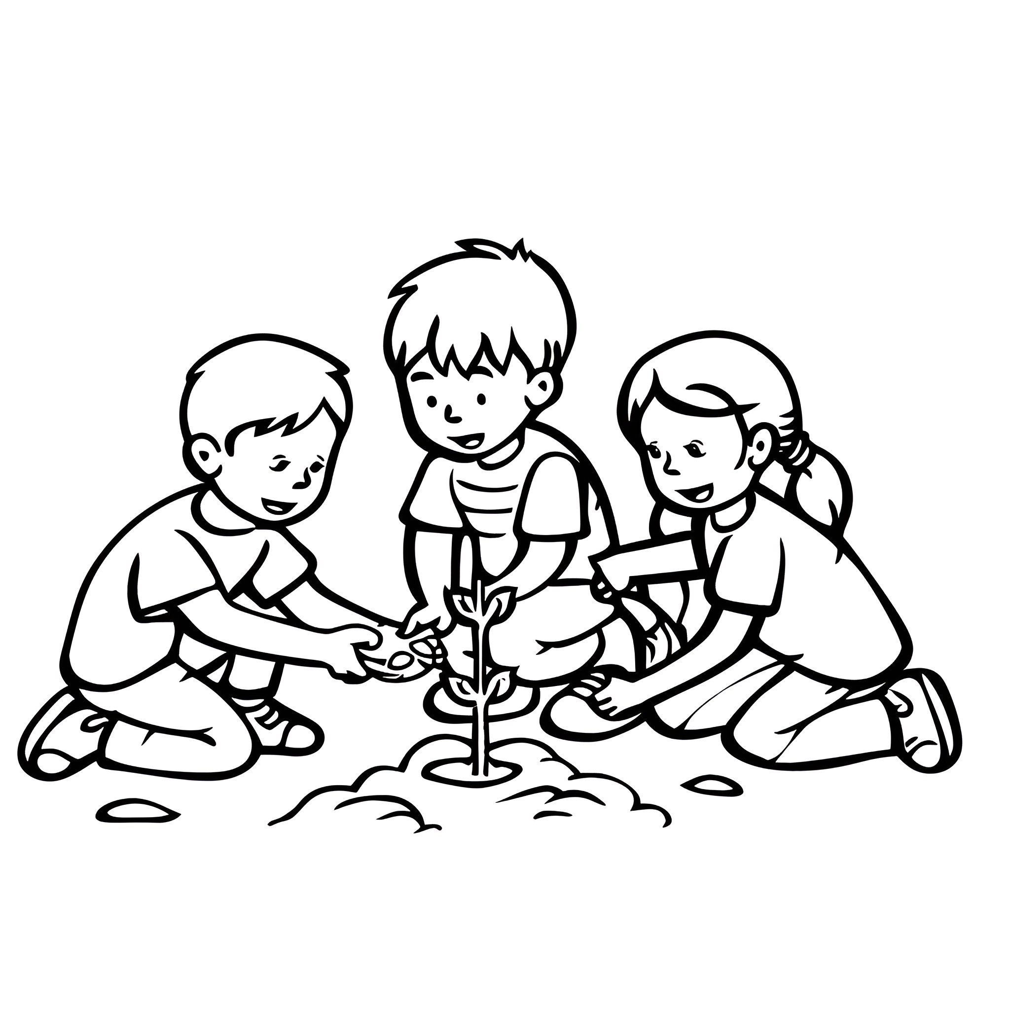 Earth Day: Children planting a sapling Drawing Idea (free black-and-white line drawing printable PDF for all, from beginners to advanced learners, including children, teens, adults, and seniors)