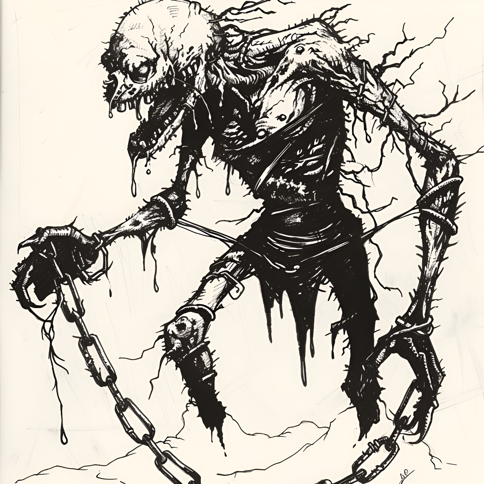 Horror Gore Monstrous Mutant Wielding Deadly Weapon Drawing Idea (free black-and-white line drawing printable PDF for all, from beginners to advanced learners, including children, teens, adults, and seniors)