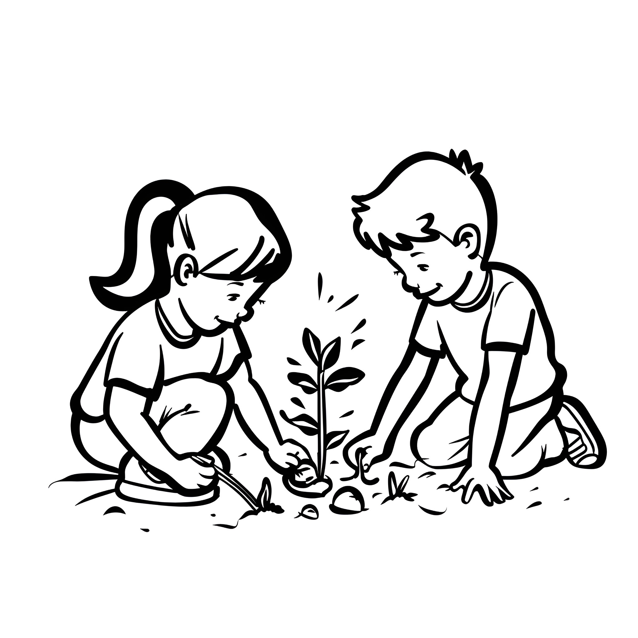 Earth Day children planting seedling Drawing Idea (free black-and-white line drawing printable PDF for all, from beginners to advanced learners, including children, teens, adults, and seniors)