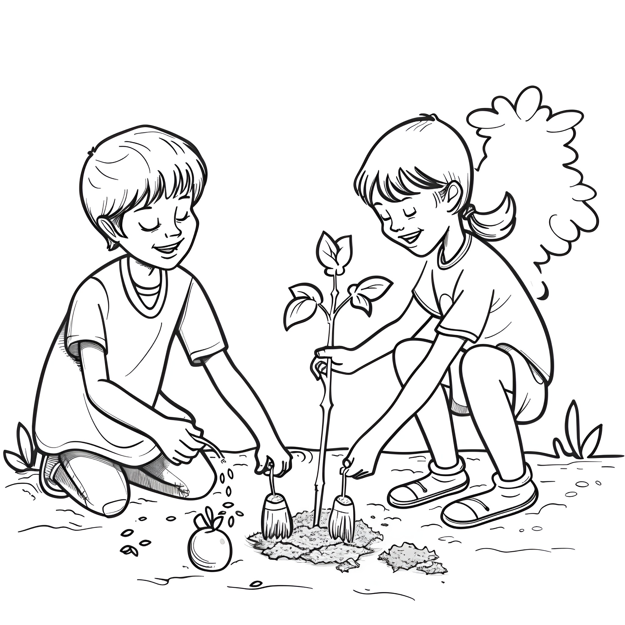 Earth Day kids planting tree and gardening Drawing Idea (free black-and-white line drawing printable PDF for all, from beginners to advanced learners, including children, teens, adults, and seniors)