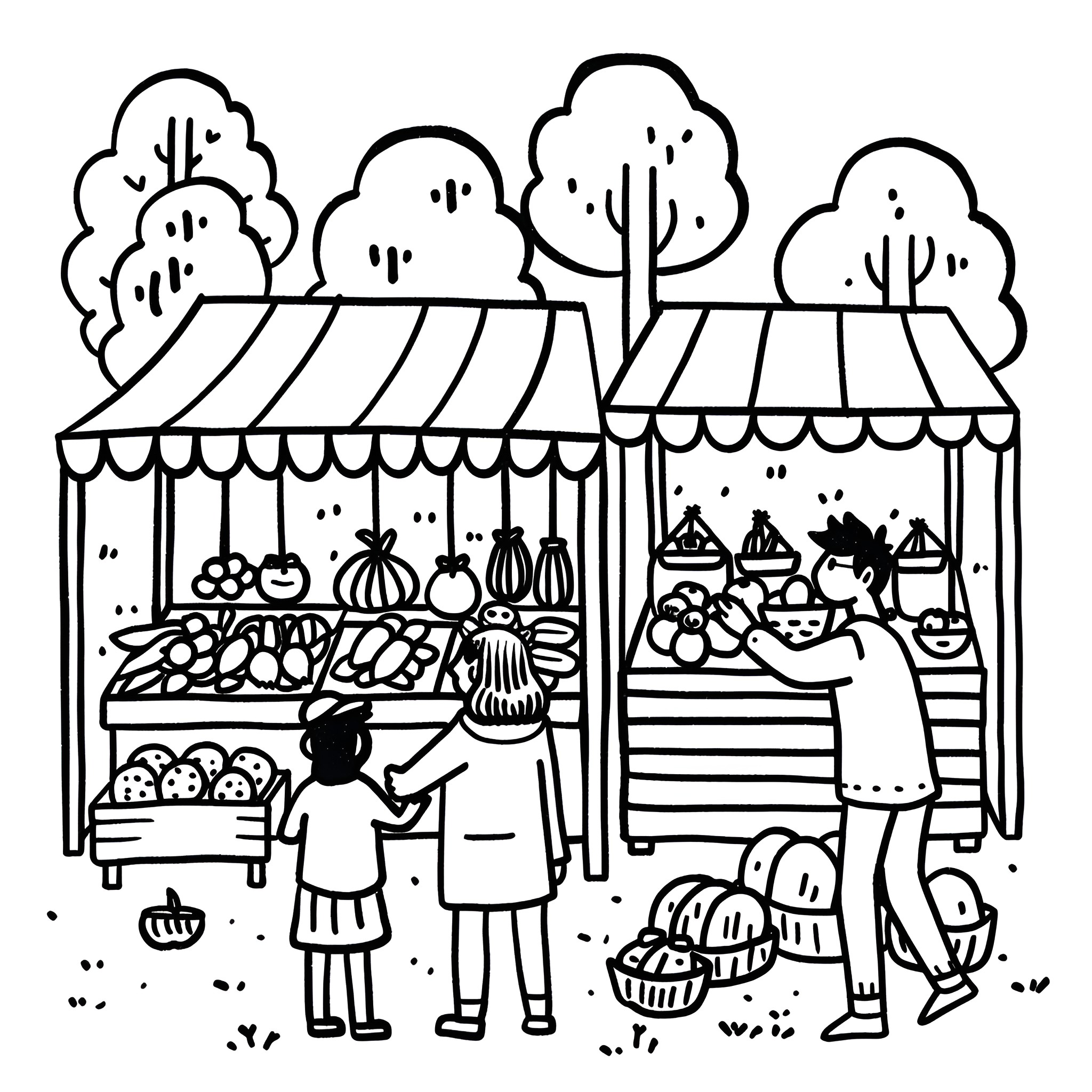 Earth Day Farmers Market Celebration Drawing Idea (free black-and-white line drawing printable PDF for all, from beginners to advanced learners, including children, teens, adults, and seniors)