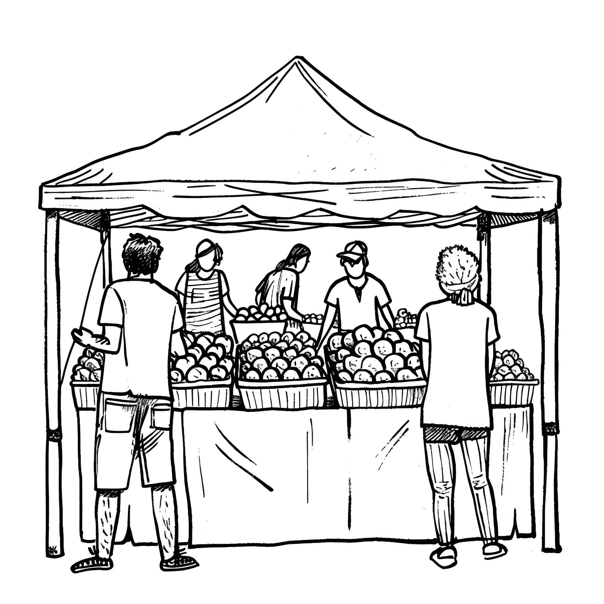 Earth Day farmers market with community Drawing Idea (free black-and-white line drawing printable PDF for all, from beginners to advanced learners, including children, teens, adults, and seniors)