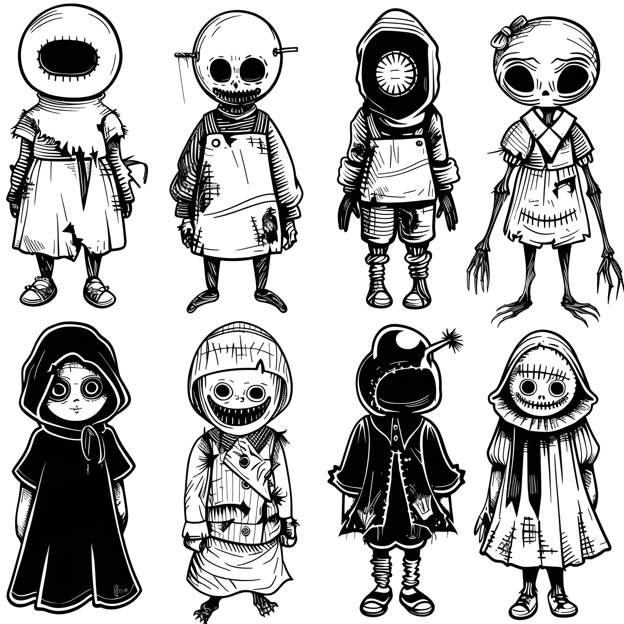 Horror Gore Distorted Figures with Unsettling Expressions Drawing Idea (free black-and-white line drawing printable PDF for all, from beginners to advanced learners, including children, teens, adults, and seniors)