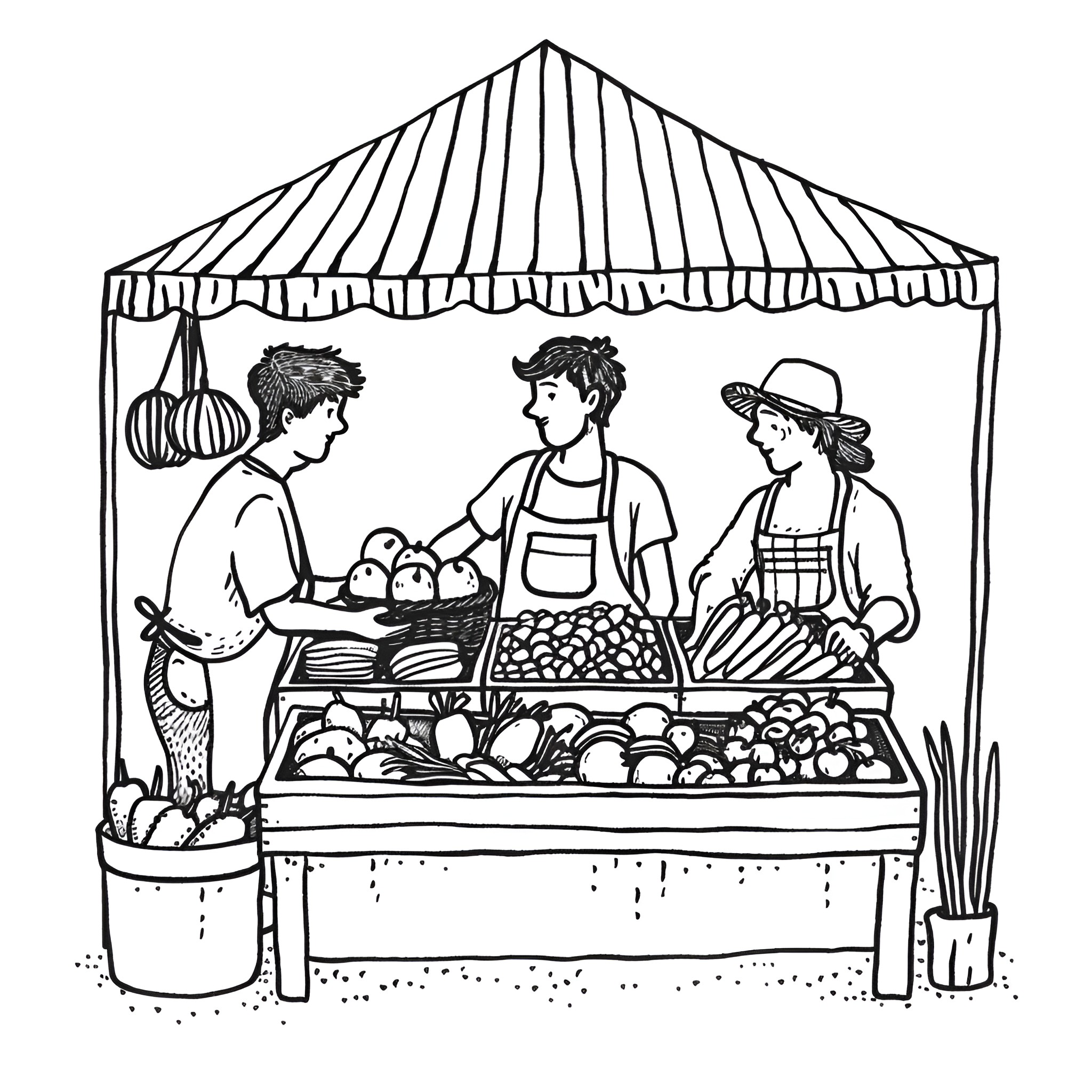 Earth Day farmer's market with produce stall Drawing Idea (free black-and-white line drawing printable PDF for all, from beginners to advanced learners, including children, teens, adults, and seniors)