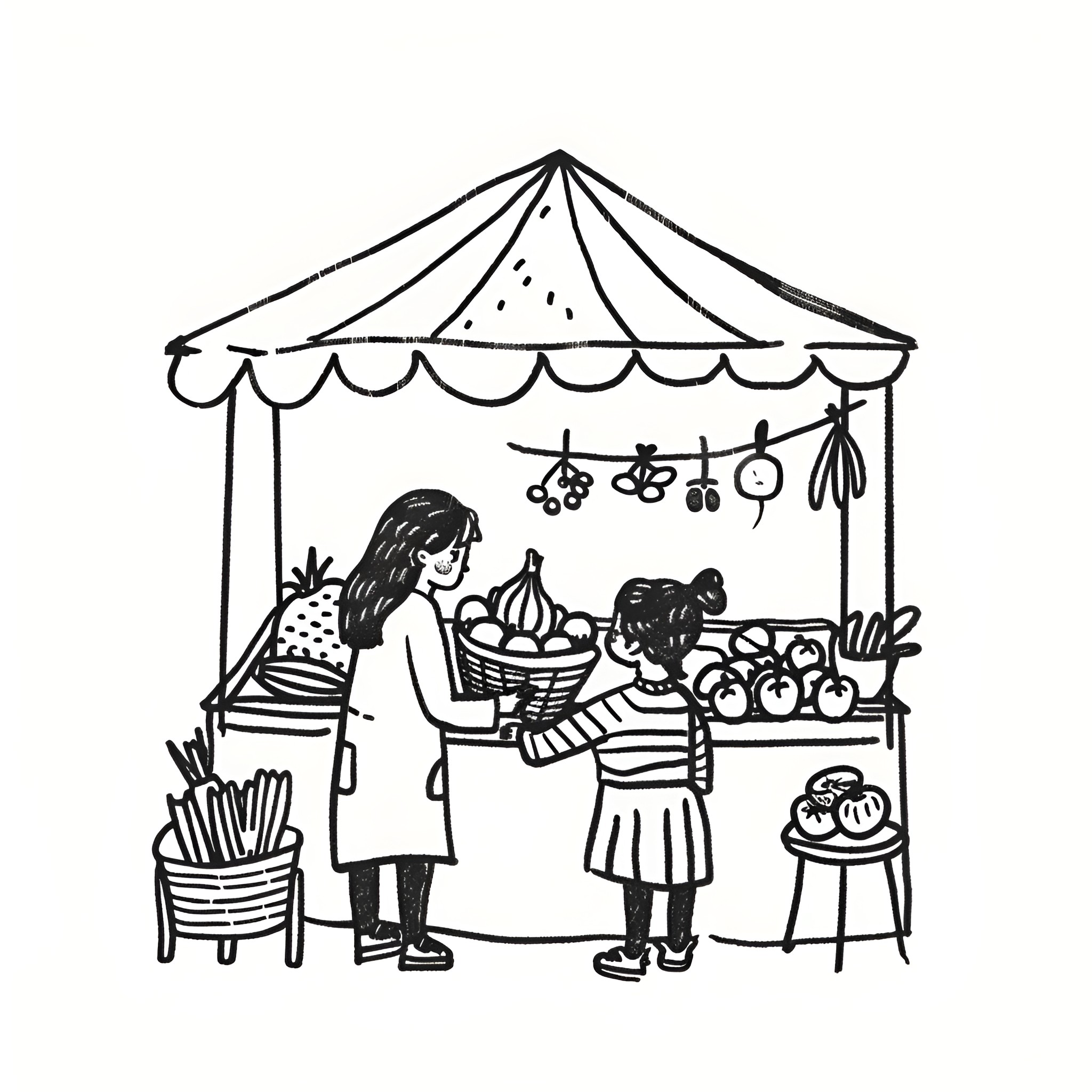 Earth Day with festive market stall Drawing Idea (free black-and-white line drawing printable PDF for all, from beginners to advanced learners, including children, teens, adults, and seniors)
