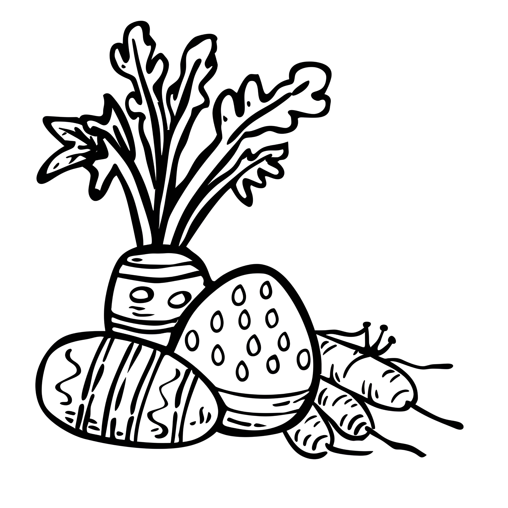 Easter Eggs with Decorated Vegetables Drawing Idea (free black-and-white line drawing printable PDF for all, from beginners to advanced learners, including children, teens, adults, and seniors)