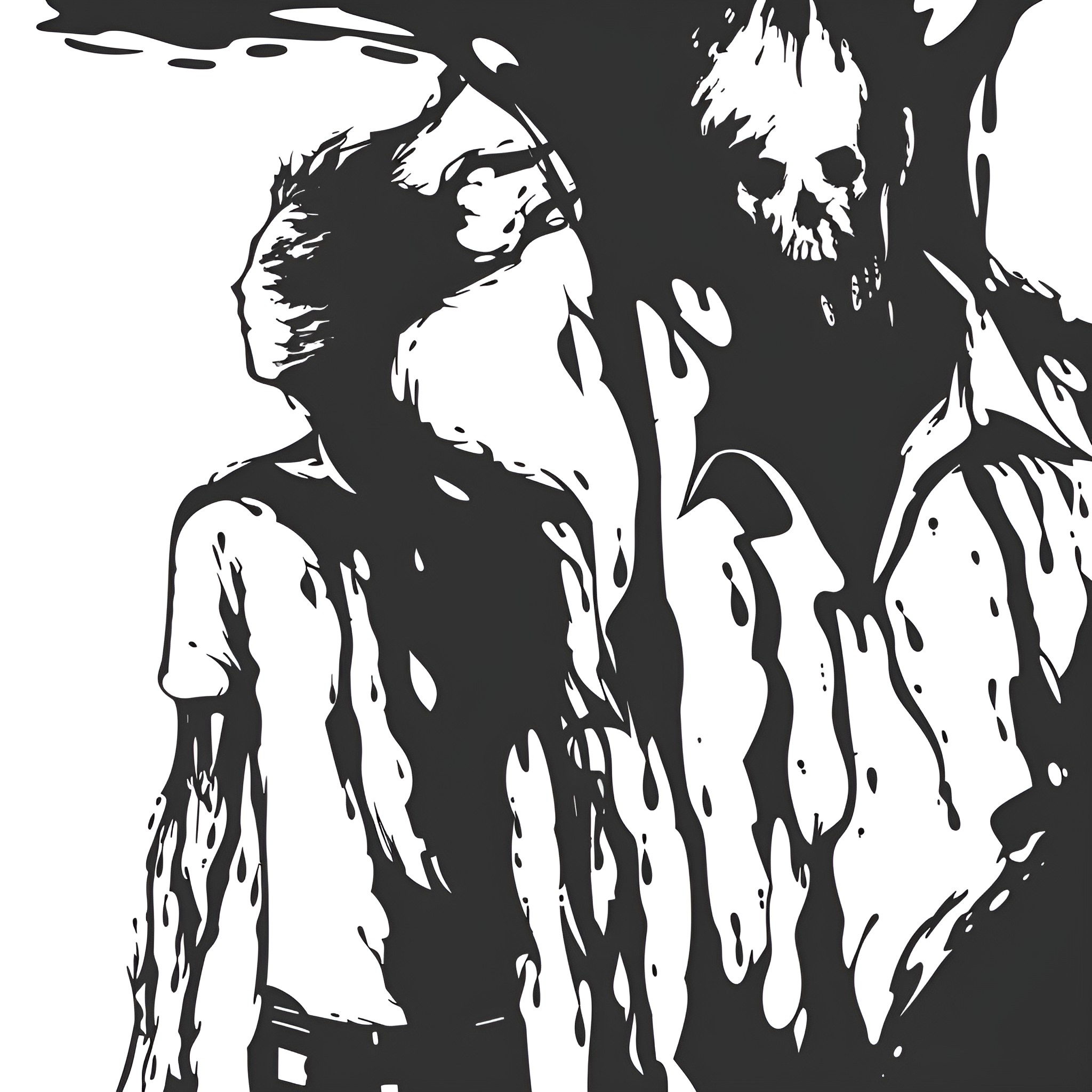 Horror Gore Disturbing Figures Silhouettes Drawing Idea (free black-and-white line drawing printable PDF for all, from beginners to advanced learners, including children, teens, adults, and seniors)