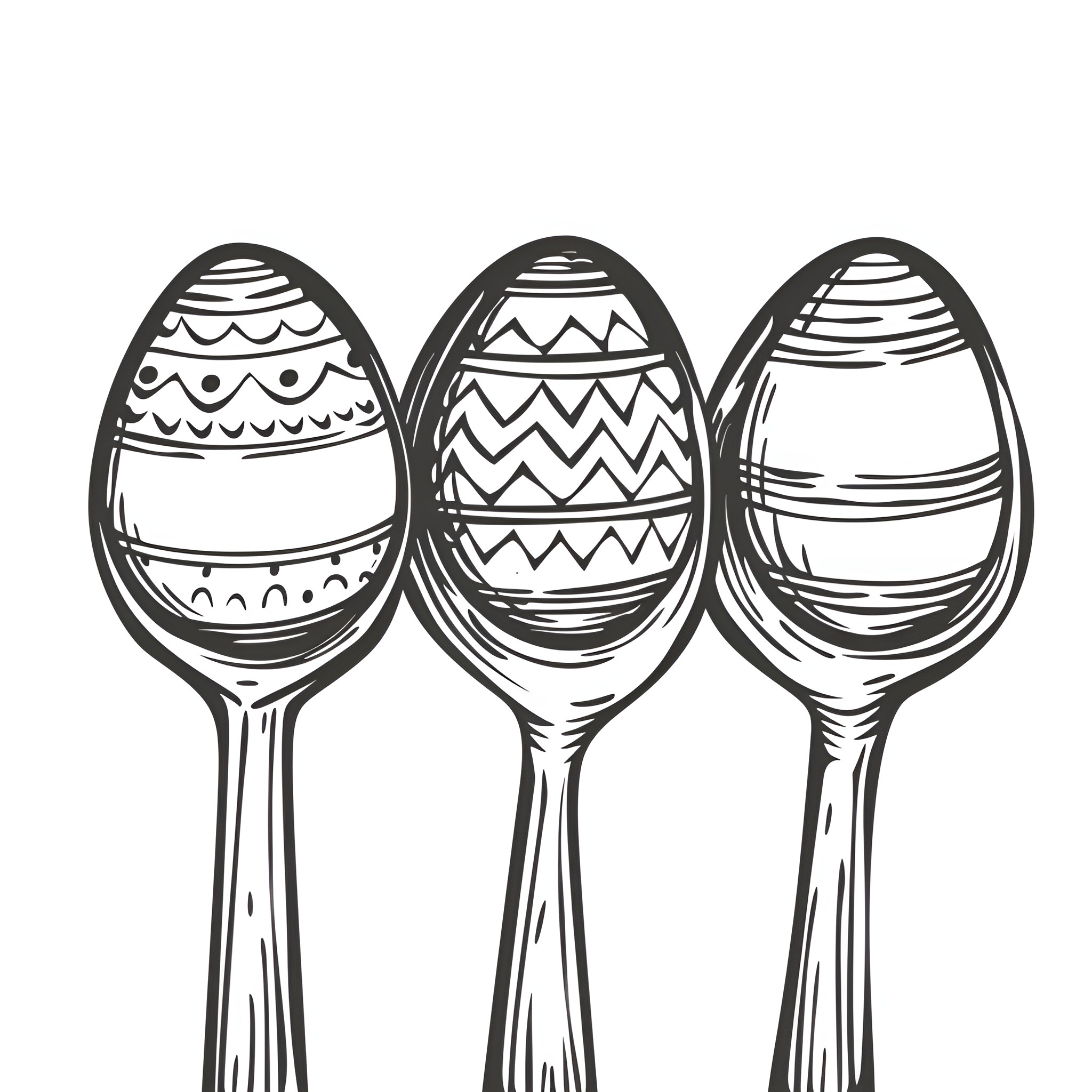 Easter Eggs on Decorative Spoons Drawing Idea (free black-and-white line drawing printable PDF for all, from beginners to advanced learners, including children, teens, adults, and seniors)