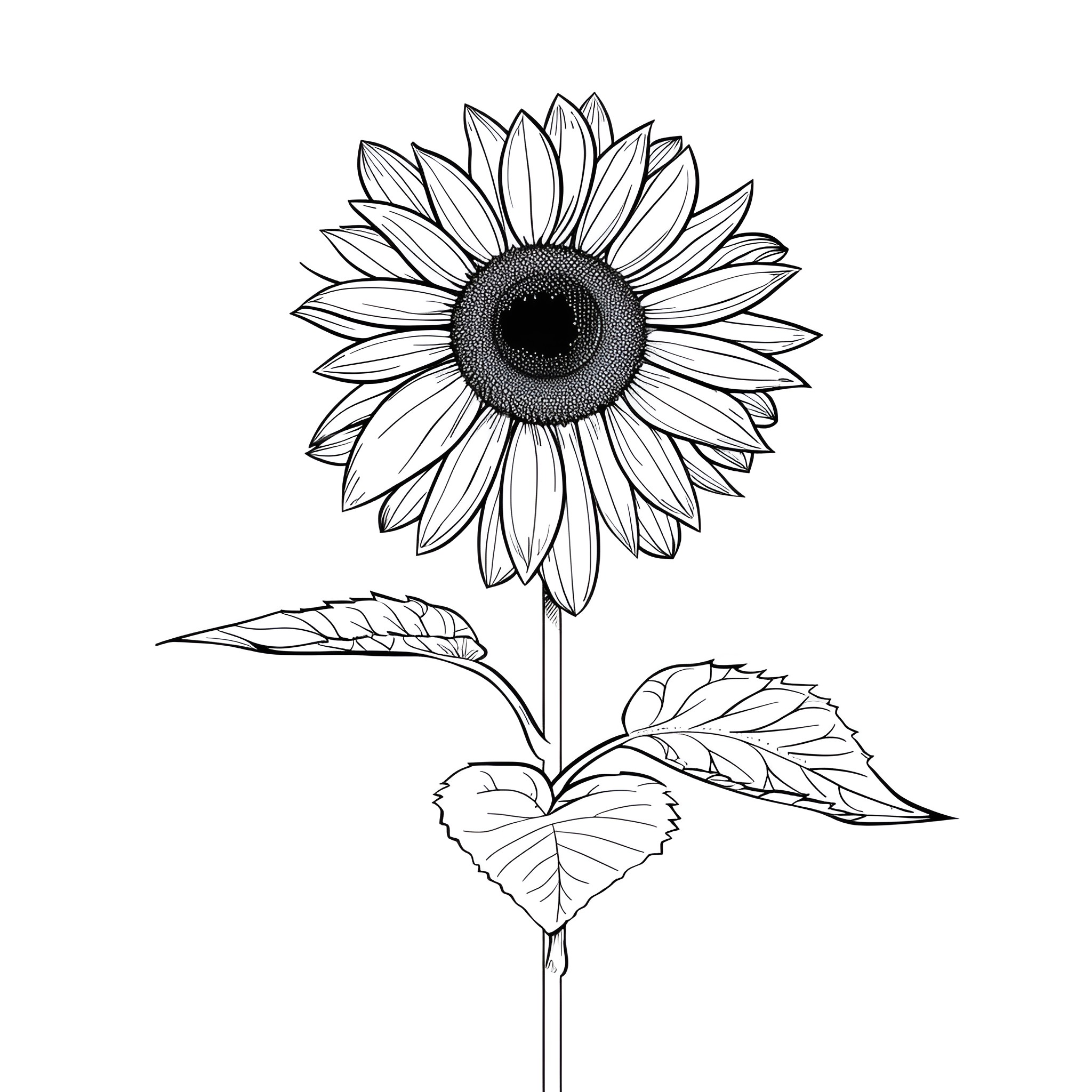 Sunflower in simple black and white illustration Drawing Idea (free black-and-white line drawing printable PDF for all, from beginners to advanced learners, including children, teens, adults, and seniors)