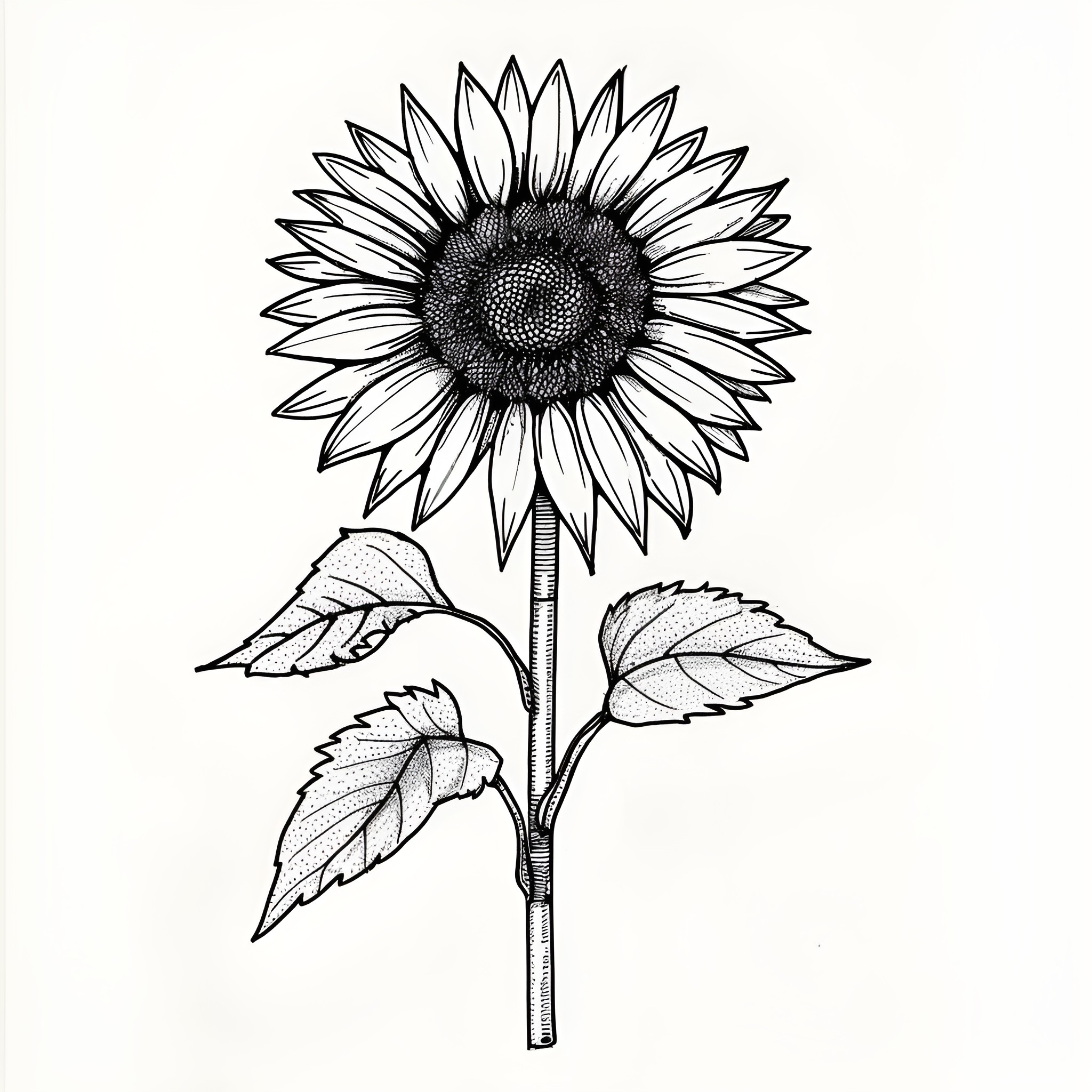 Sunflower in detailed sketch Drawing Idea (free black-and-white line drawing printable PDF for all, from beginners to advanced learners, including children, teens, adults, and seniors)