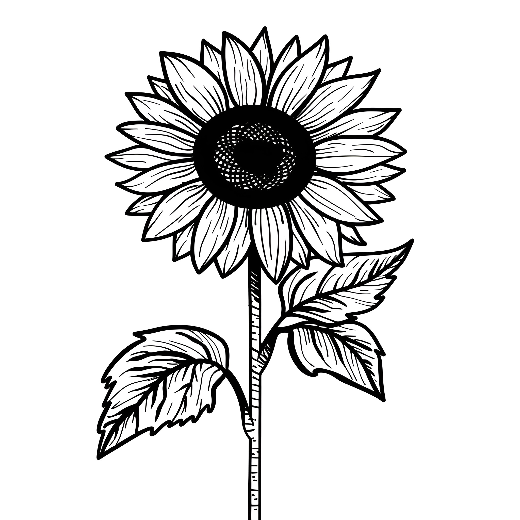 Sunflower in black and white illustration Drawing Idea (free black-and-white line drawing printable PDF for all, from beginners to advanced learners, including children, teens, adults, and seniors)