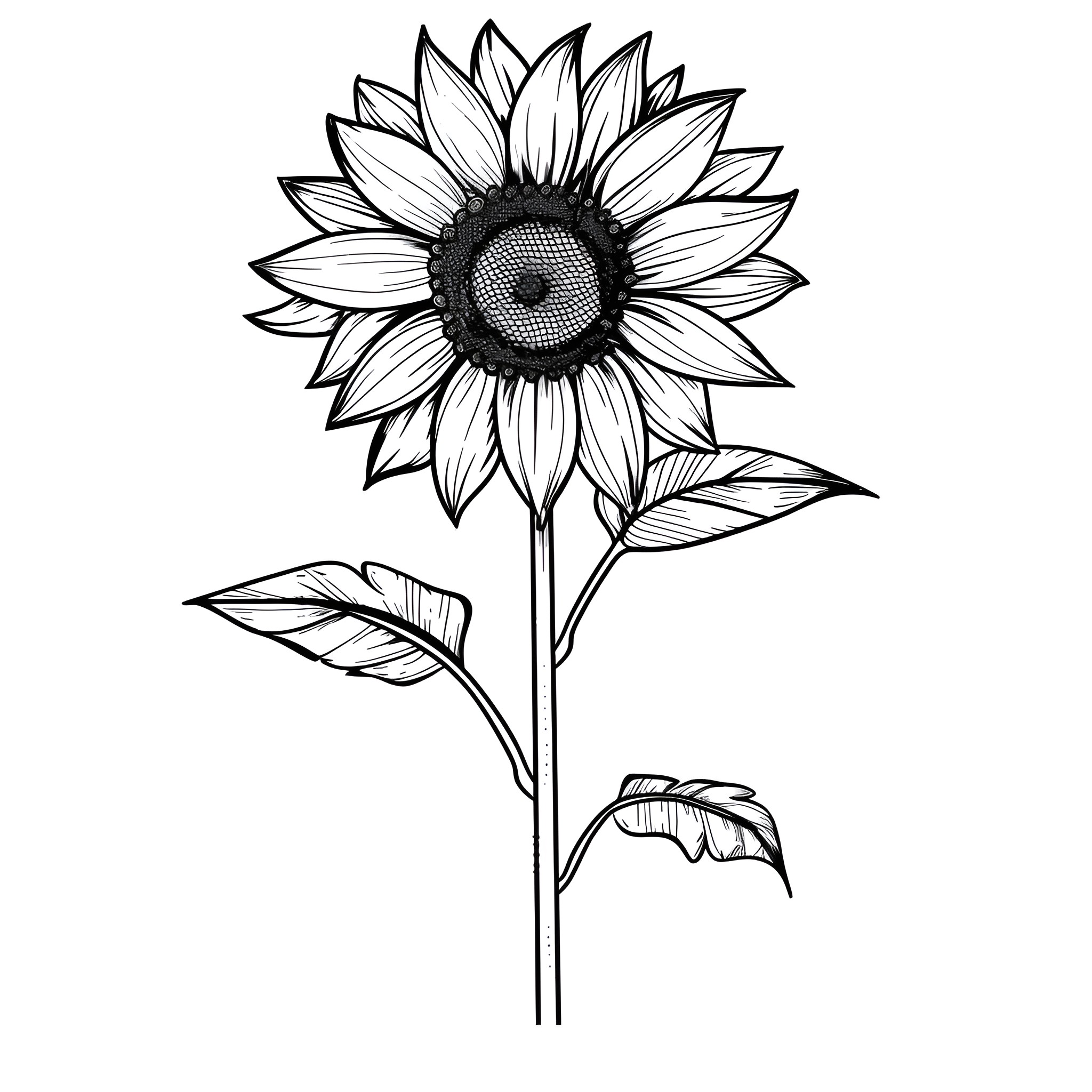 Sunflower in full bloom Drawing Idea (free black-and-white line drawing printable PDF for all, from beginners to advanced learners, including children, teens, adults, and seniors)