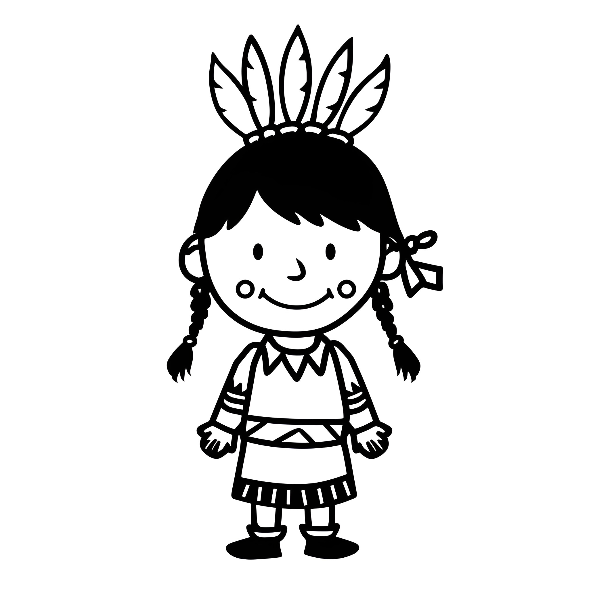 Native American girl in traditional costume Drawing Idea (free black-and-white line drawing printable PDF for all, from beginners to advanced learners, including children, teens, adults, and seniors)
