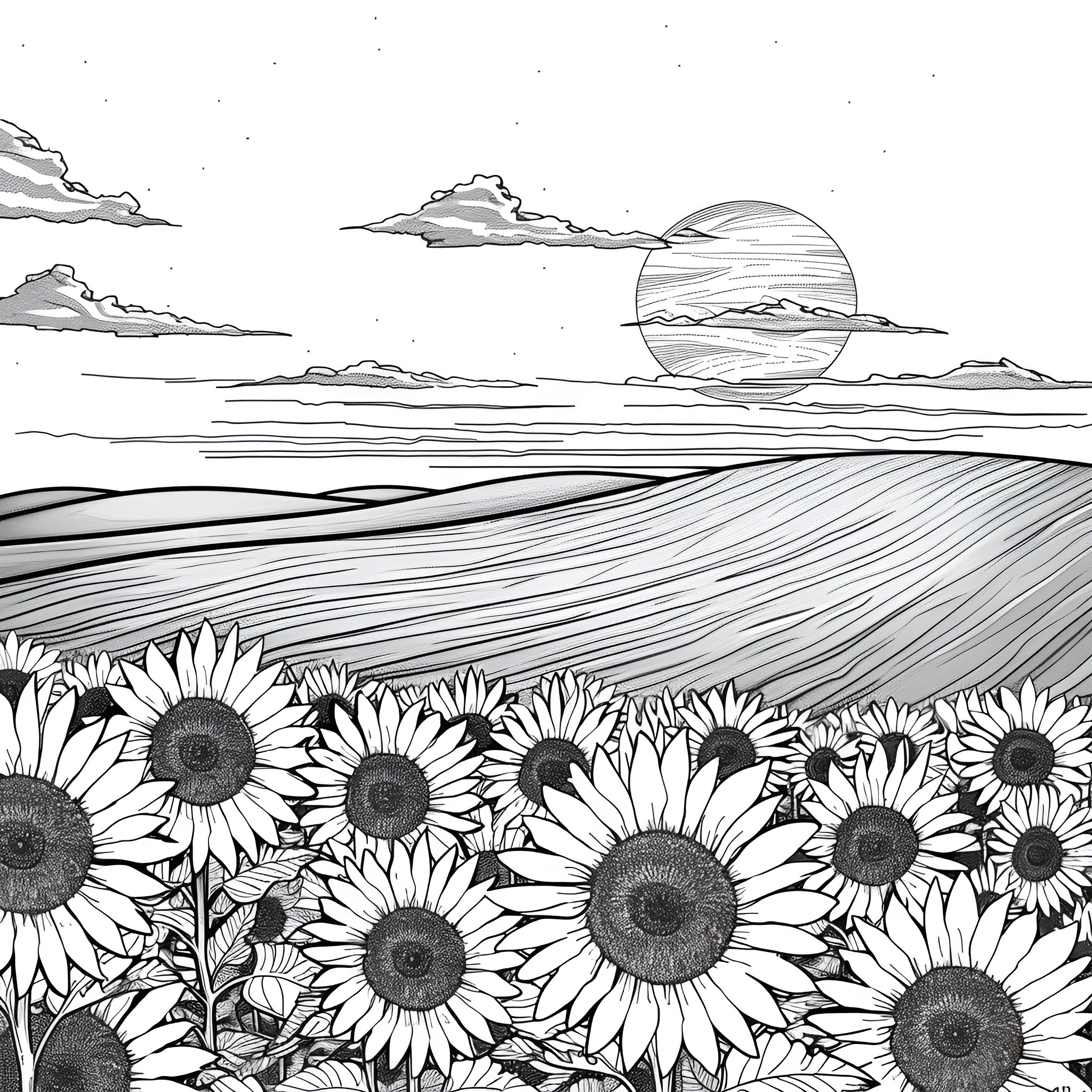 Sunflower field under majestic sunset Drawing Idea (free black-and-white line drawing printable PDF for all, from beginners to advanced learners, including children, teens, adults, and seniors)
