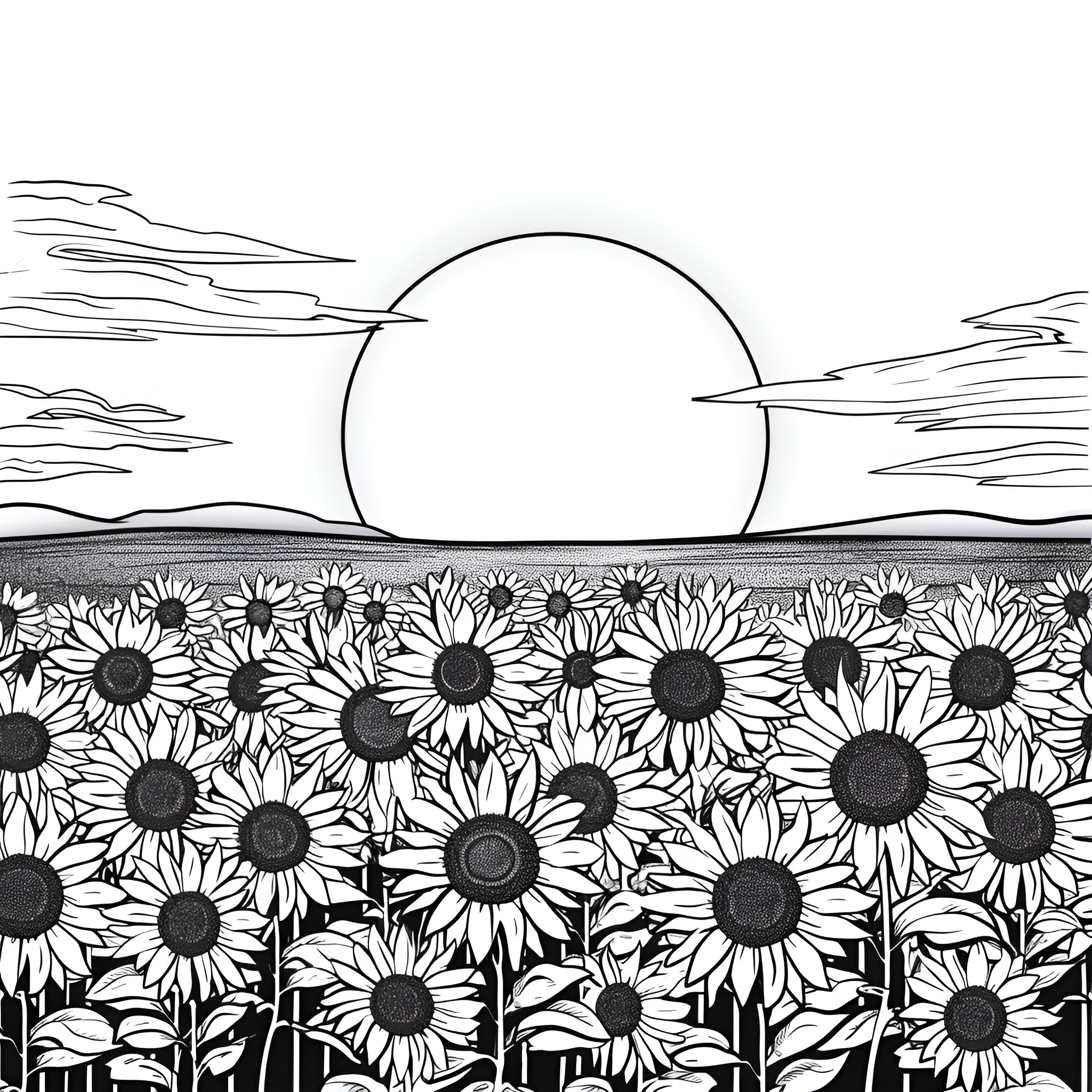 Sunflower field under the sun Drawing Idea (free black-and-white line drawing printable PDF for all, from beginners to advanced learners, including children, teens, adults, and seniors)