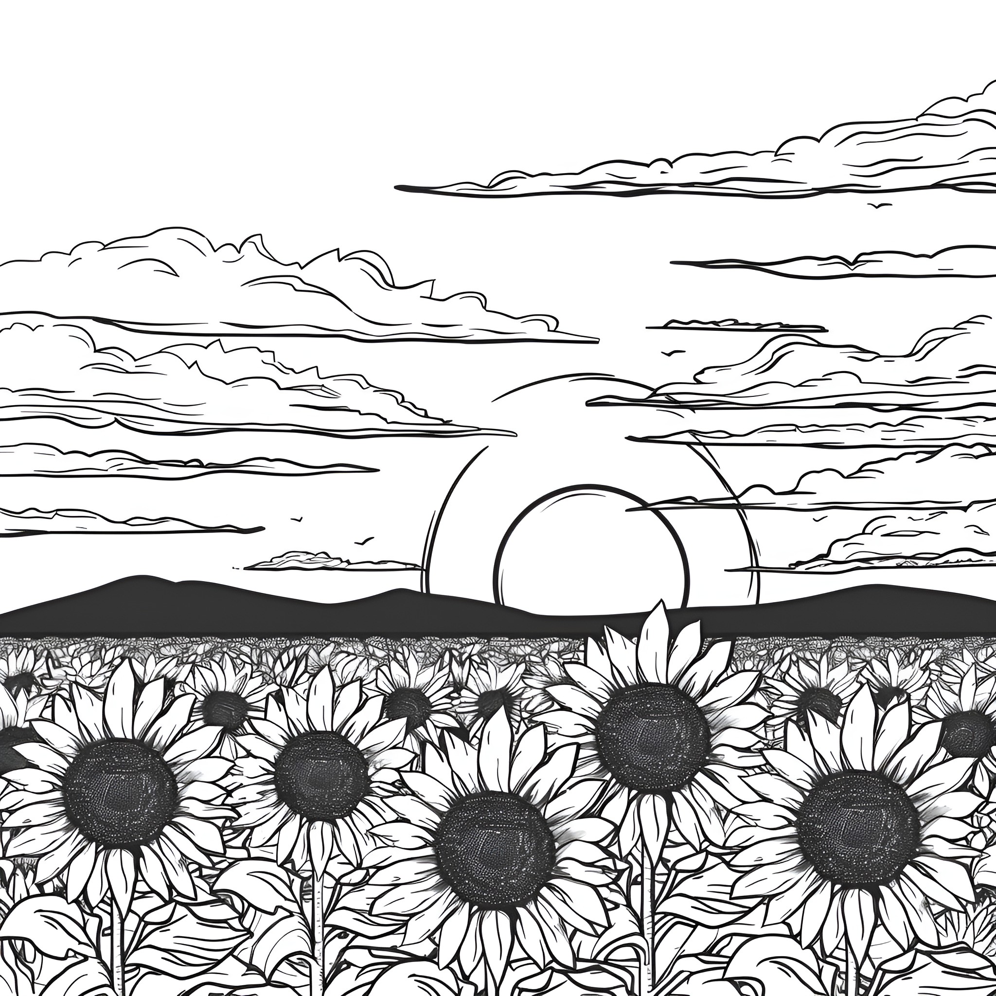 Sunflower field in an abstract landscape Drawing Idea (free black-and-white line drawing printable PDF for all, from beginners to advanced learners, including children, teens, adults, and seniors)