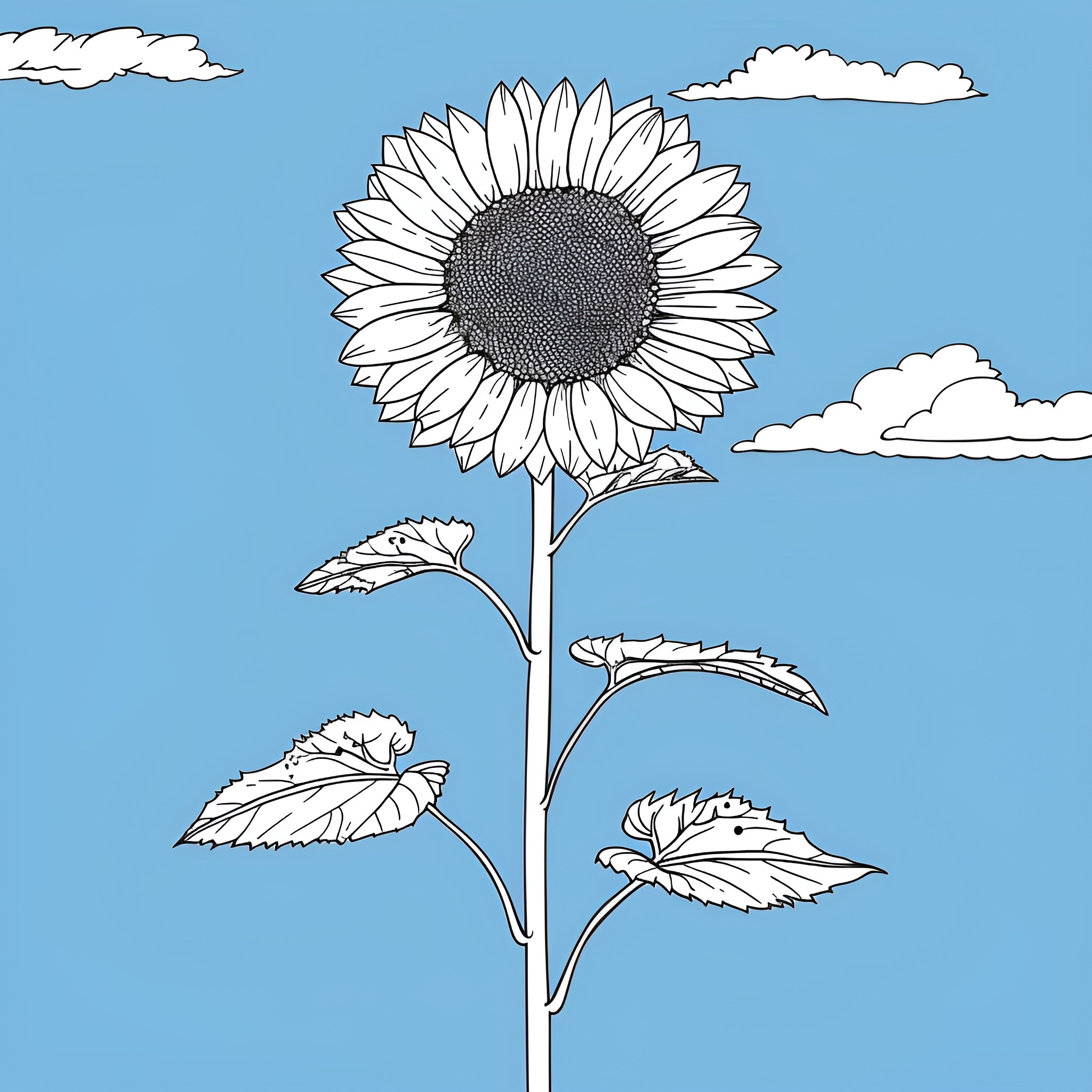 Sunflower blooming under cloudy sky Drawing Idea (free black-and-white line drawing printable PDF for all, from beginners to advanced learners, including children, teens, adults, and seniors)