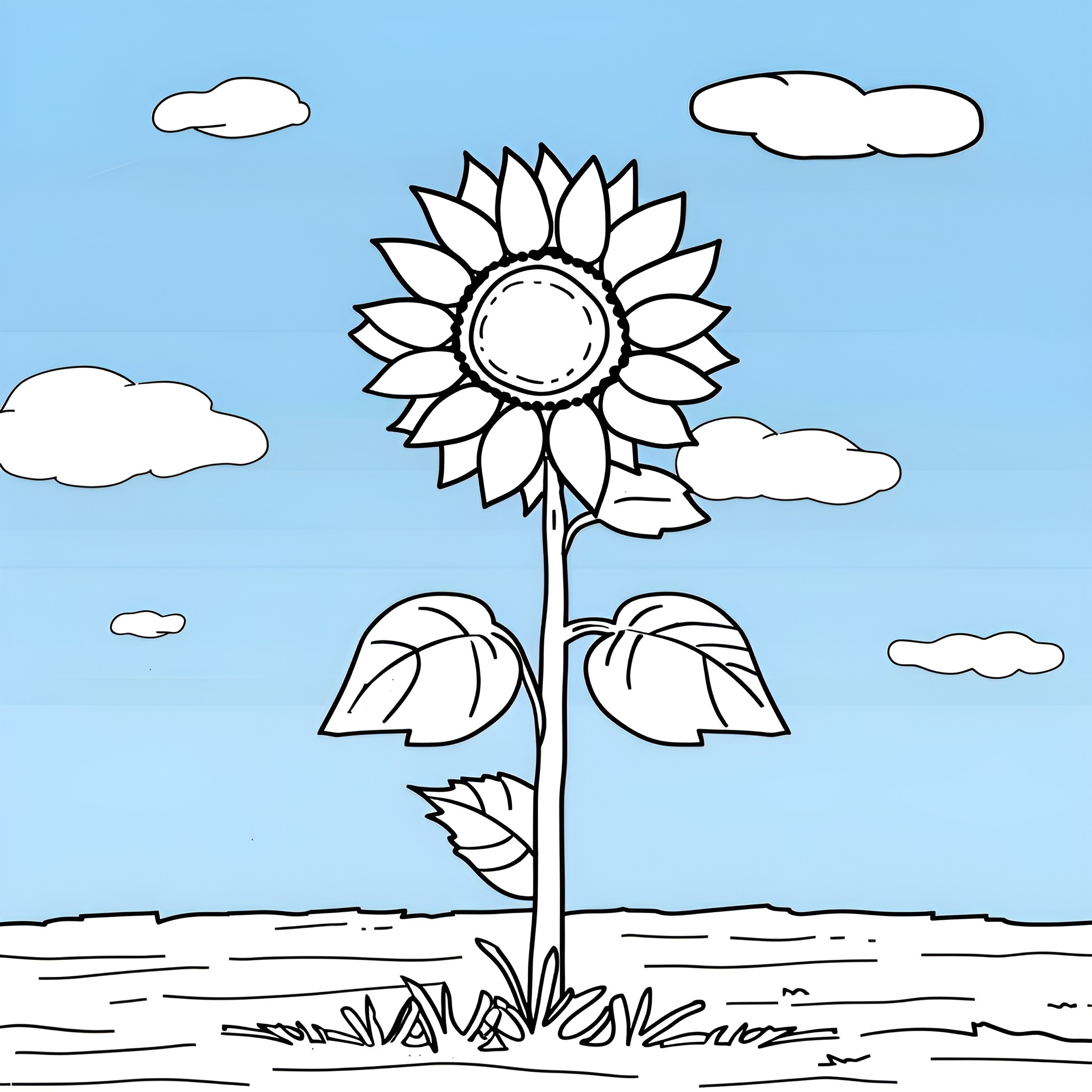 Sunflower standing tall in the field Drawing Idea (free black-and-white line drawing printable PDF for all, from beginners to advanced learners, including children, teens, adults, and seniors)