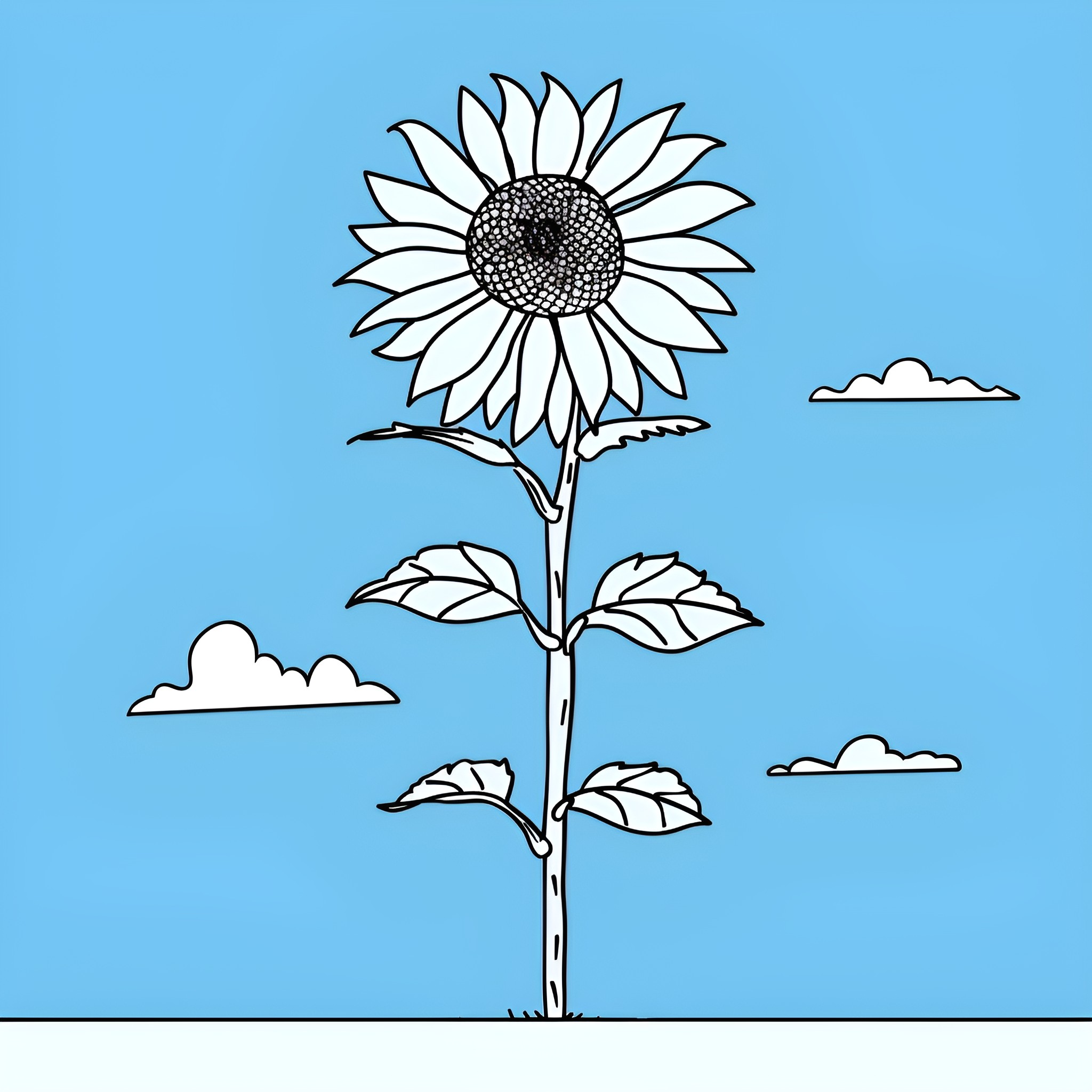Sunflower reaching towards the sky Drawing Idea (free black-and-white line drawing printable PDF for all, from beginners to advanced learners, including children, teens, adults, and seniors)