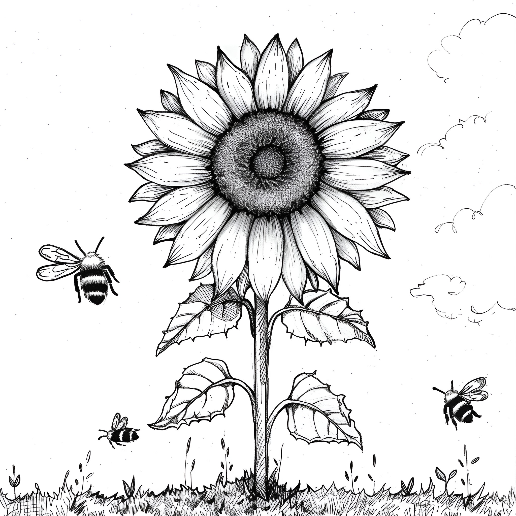 Sunflower with buzzing bees in the field Drawing Idea (free black-and-white line drawing printable PDF for all, from beginners to advanced learners, including children, teens, adults, and seniors)