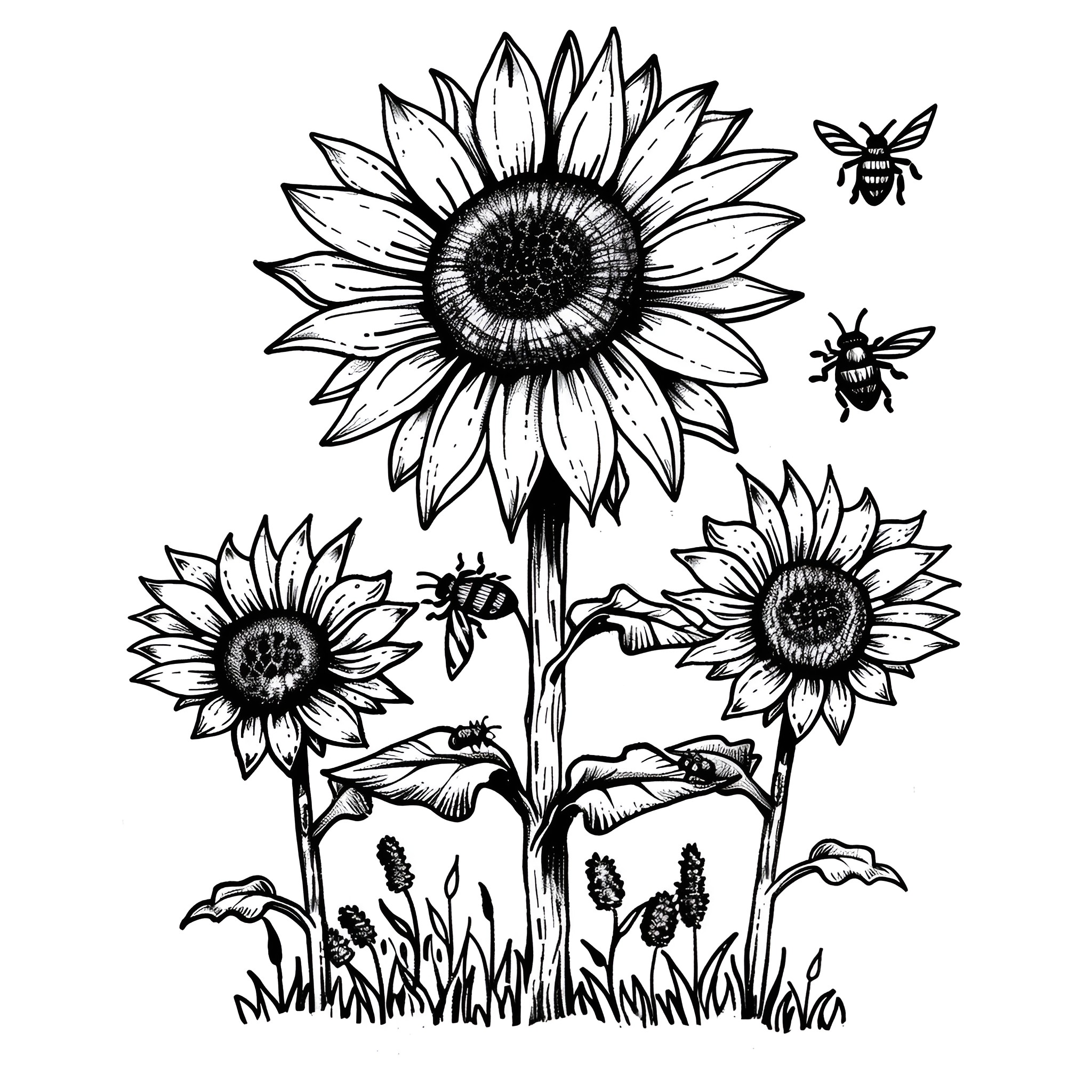 Sunflower field with buzzing bees Drawing Idea (free black-and-white line drawing printable PDF for all, from beginners to advanced learners, including children, teens, adults, and seniors)