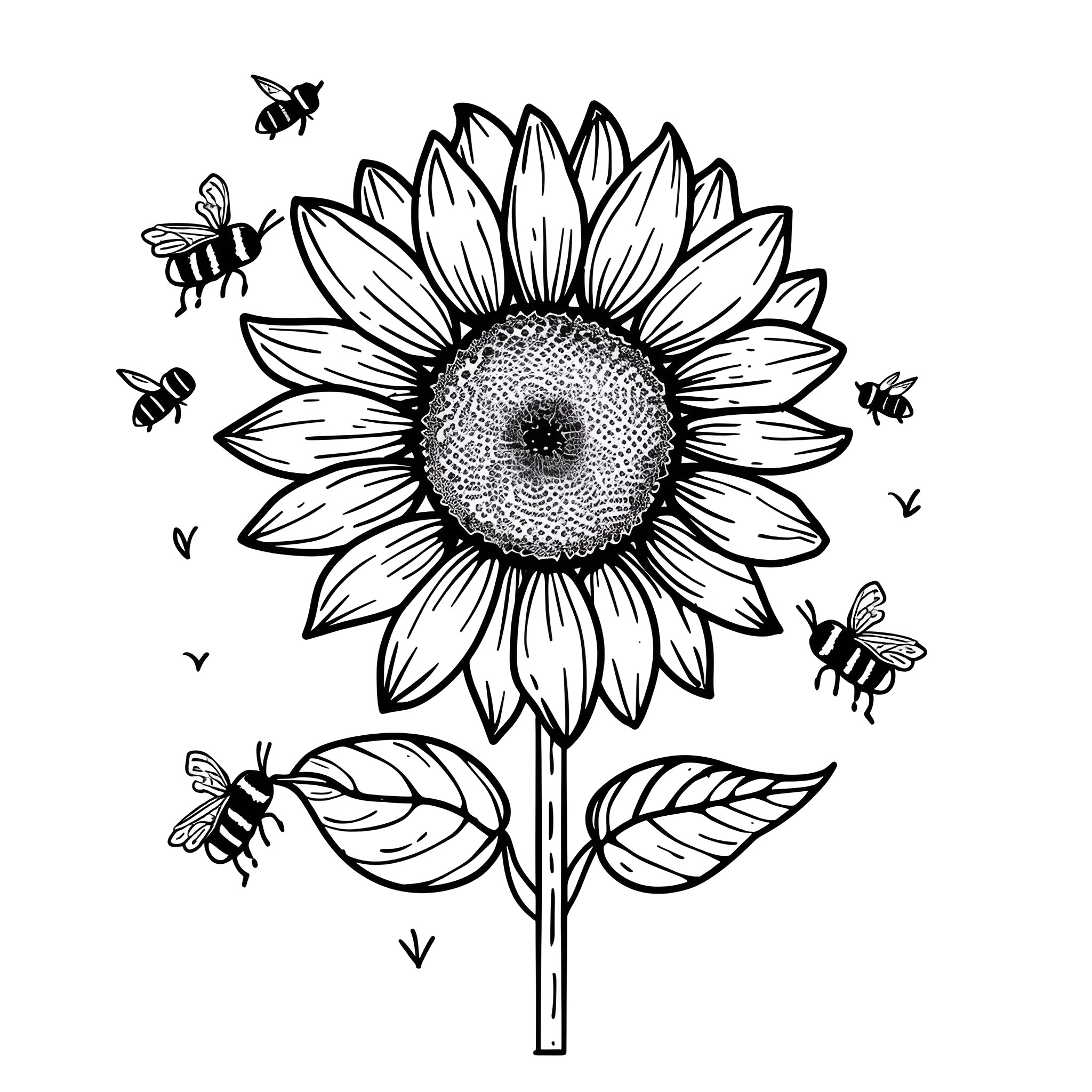 Sunflower with playful bees Drawing Idea (free black-and-white line drawing printable PDF for all, from beginners to advanced learners, including children, teens, adults, and seniors)