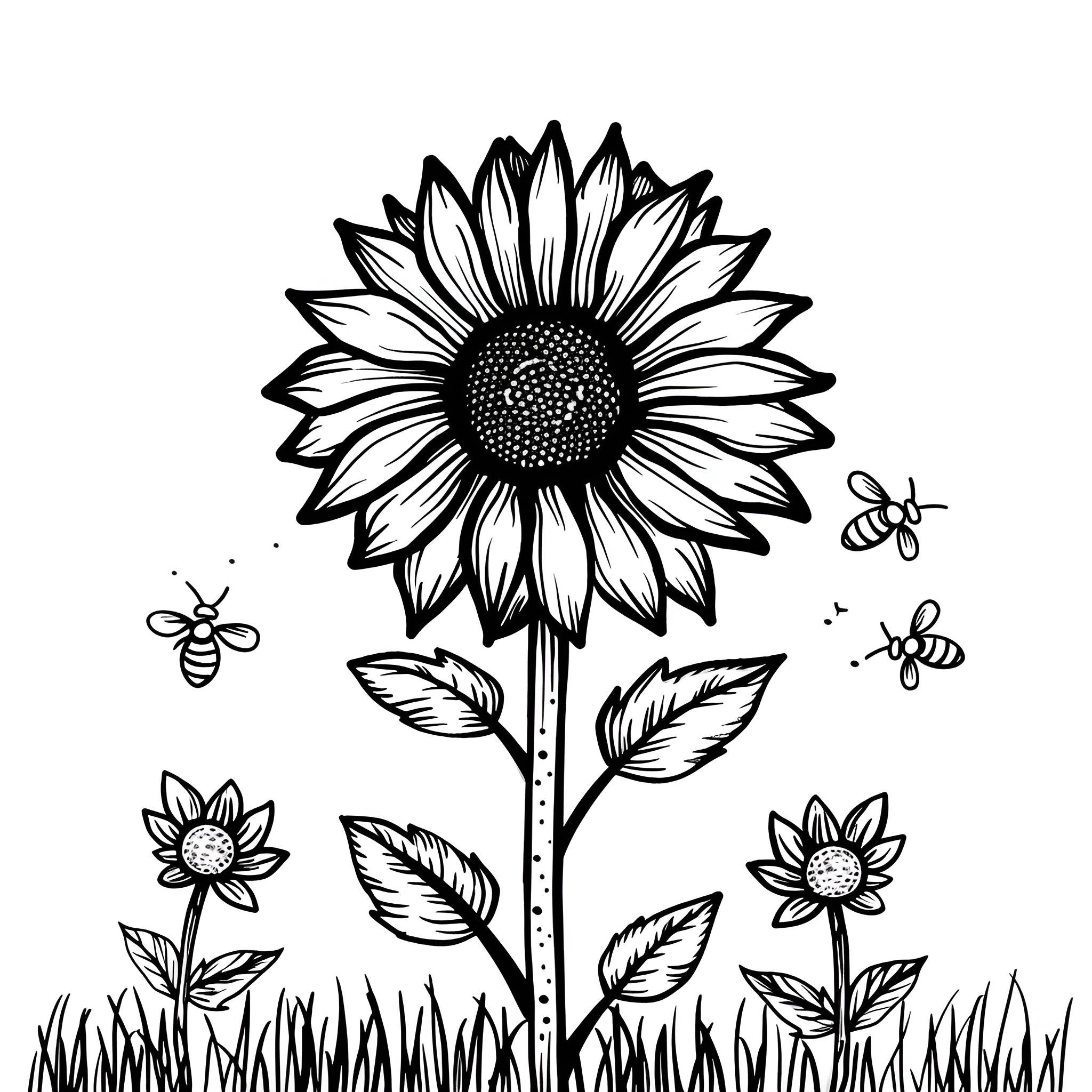 Sunflower field with busy bees Drawing Idea (free black-and-white line drawing printable PDF for all, from beginners to advanced learners, including children, teens, adults, and seniors)