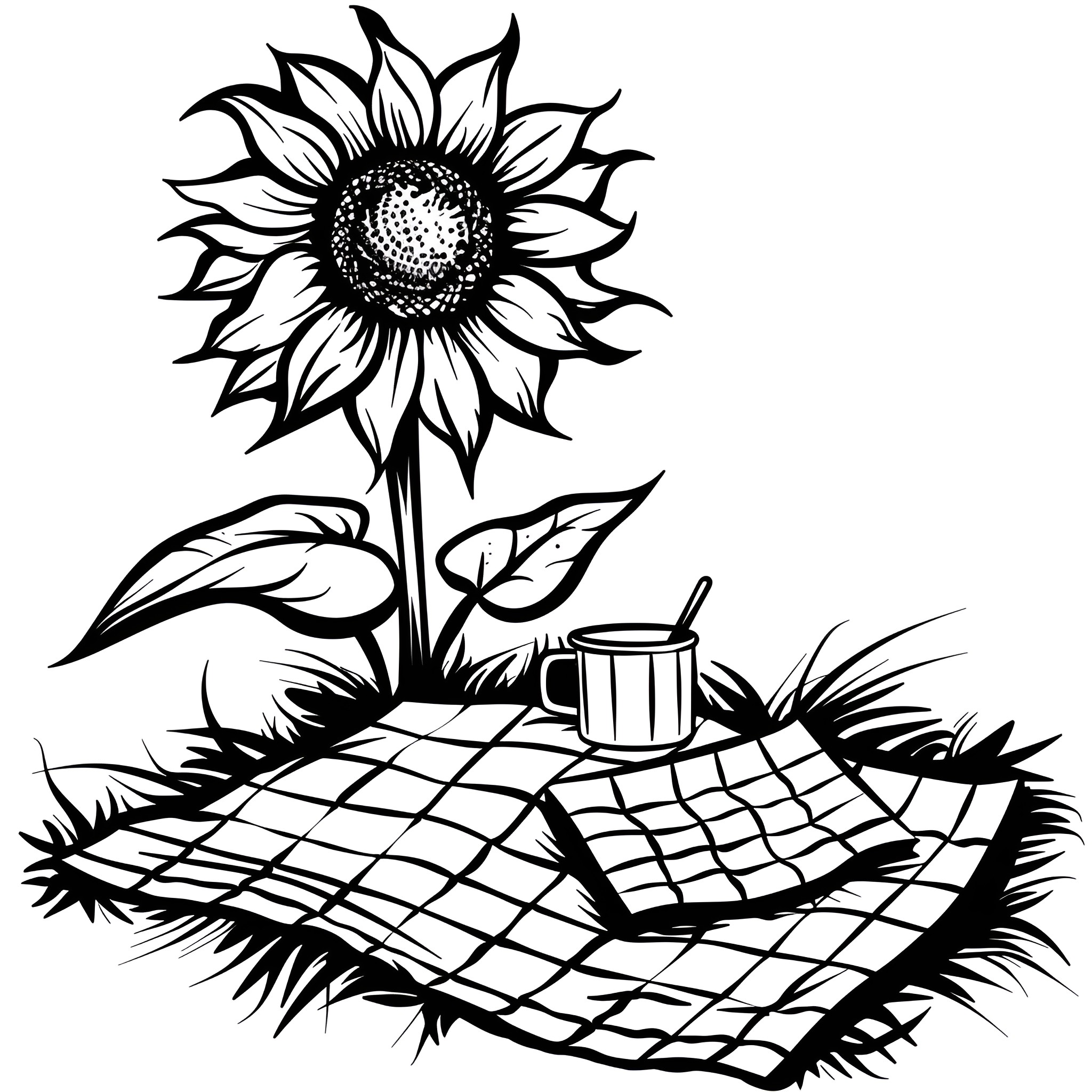 Sunflower in a peaceful outdoor scene Drawing Idea (free black-and-white line drawing printable PDF for all, from beginners to advanced learners, including children, teens, adults, and seniors)