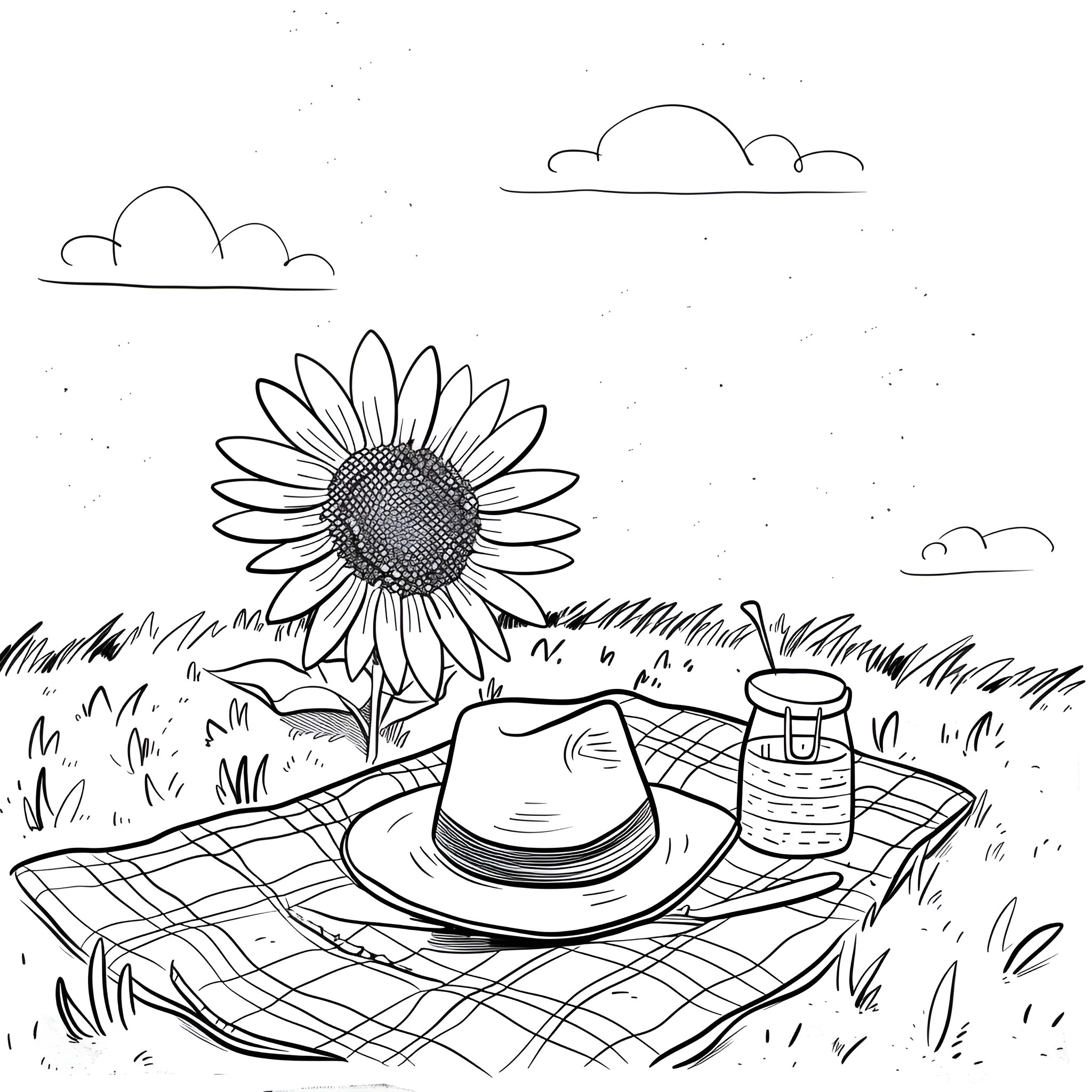 Sunflower picnic in the countryside Drawing Idea (free black-and-white line drawing printable PDF for all, from beginners to advanced learners, including children, teens, adults, and seniors)