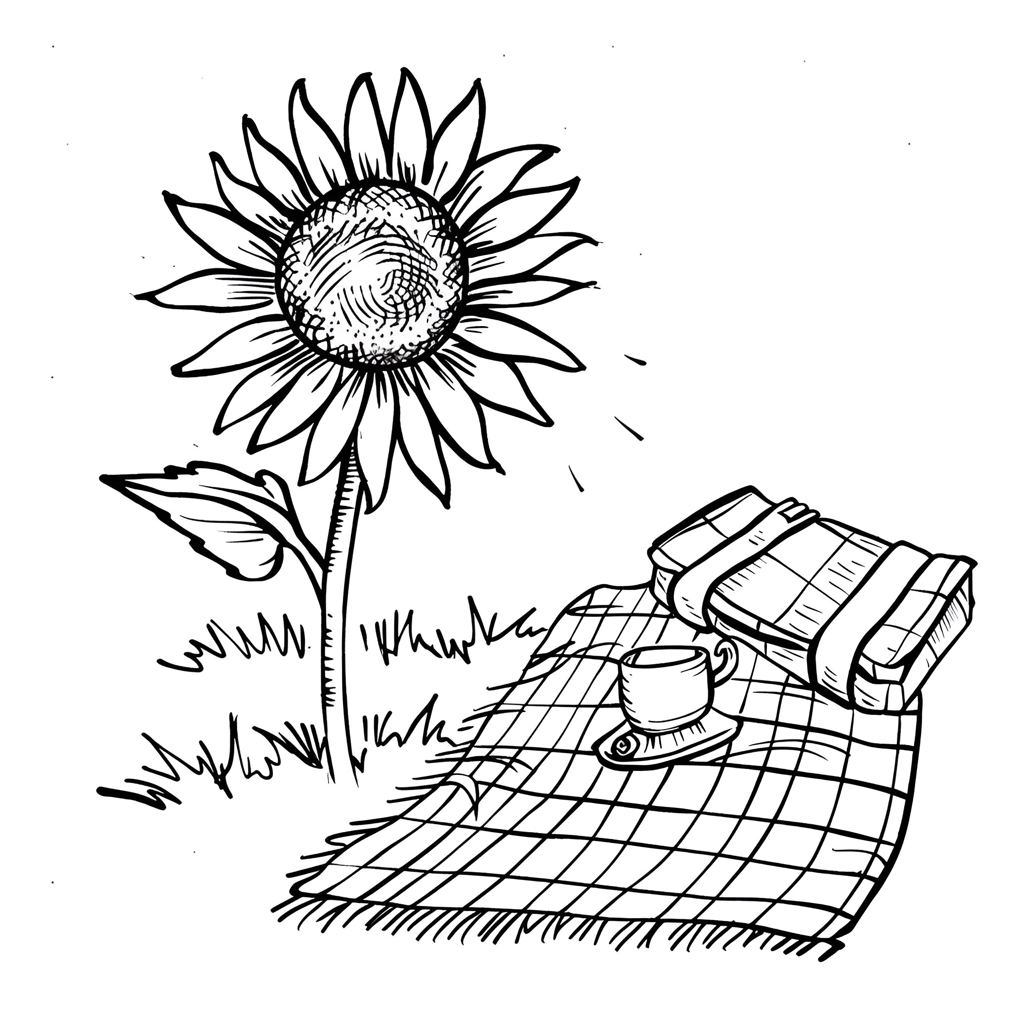 Sunflower picnic blanket and backpack Drawing Idea (free black-and-white line drawing printable PDF for all, from beginners to advanced learners, including children, teens, adults, and seniors)