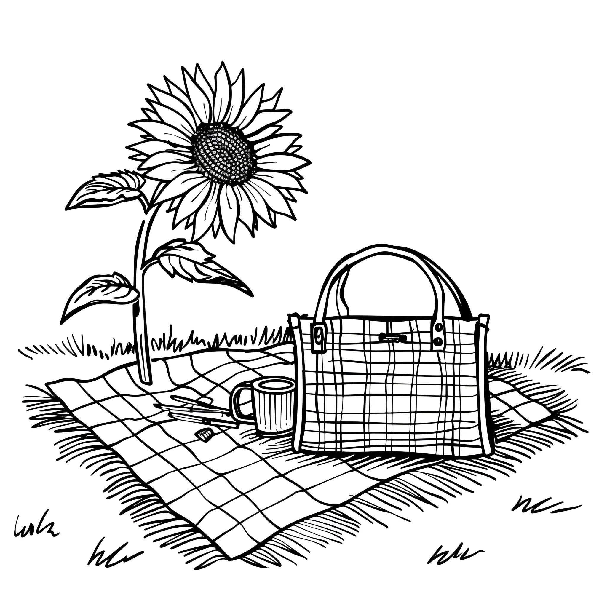 Sunflower by the picnic basket Drawing Idea (free black-and-white line drawing printable PDF for all, from beginners to advanced learners, including children, teens, adults, and seniors)