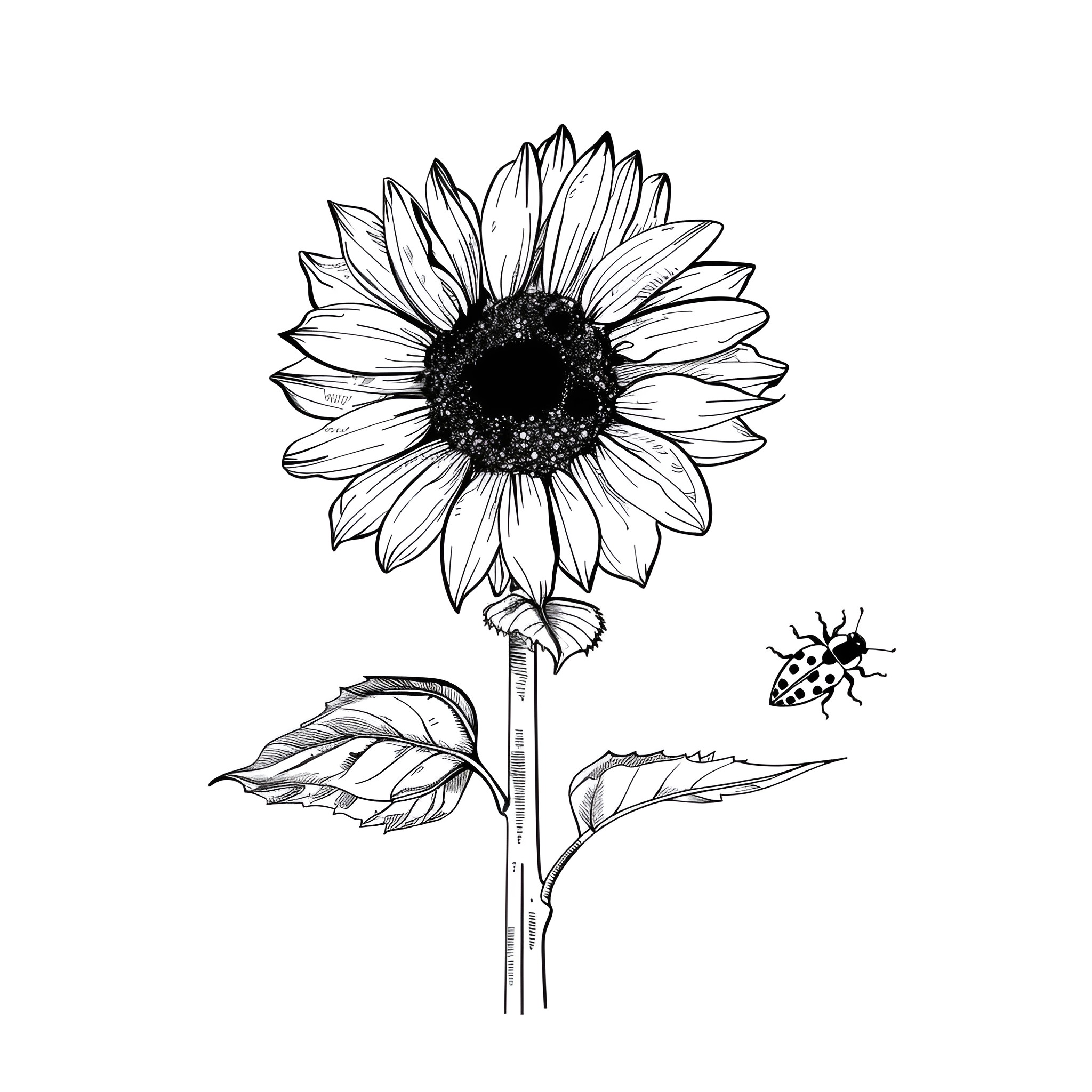 Sunflower blooming with ladybug Drawing Idea (free black-and-white line drawing printable PDF for all, from beginners to advanced learners, including children, teens, adults, and seniors)